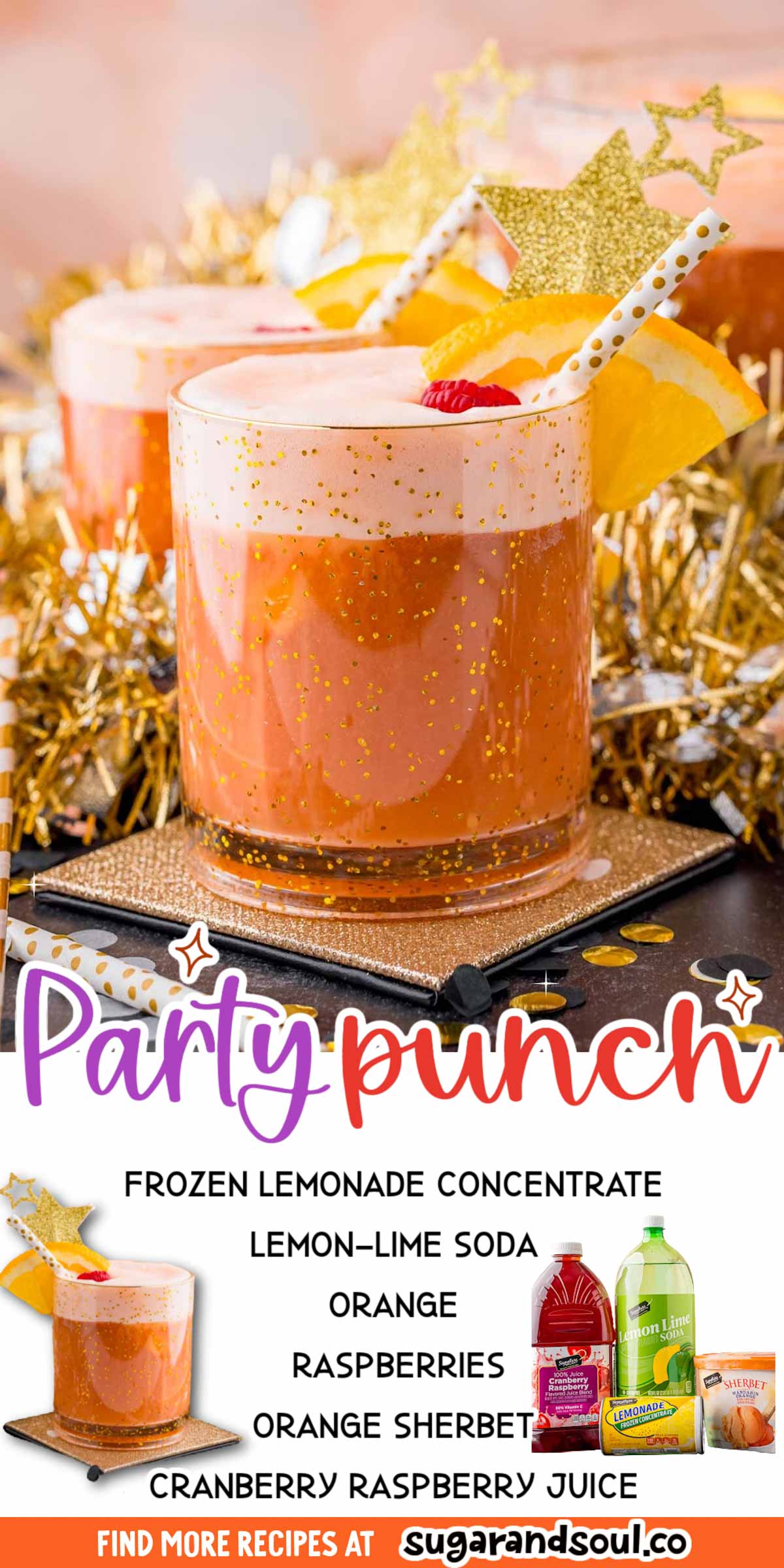 This Easy Party Punch is a crowd-pleasing, family-friendly drink that's made with 3 easy ingredients and then topped with orange sherbet! Ready to serve and enjoy in only 5 minutes! via @sugarandsoulco
