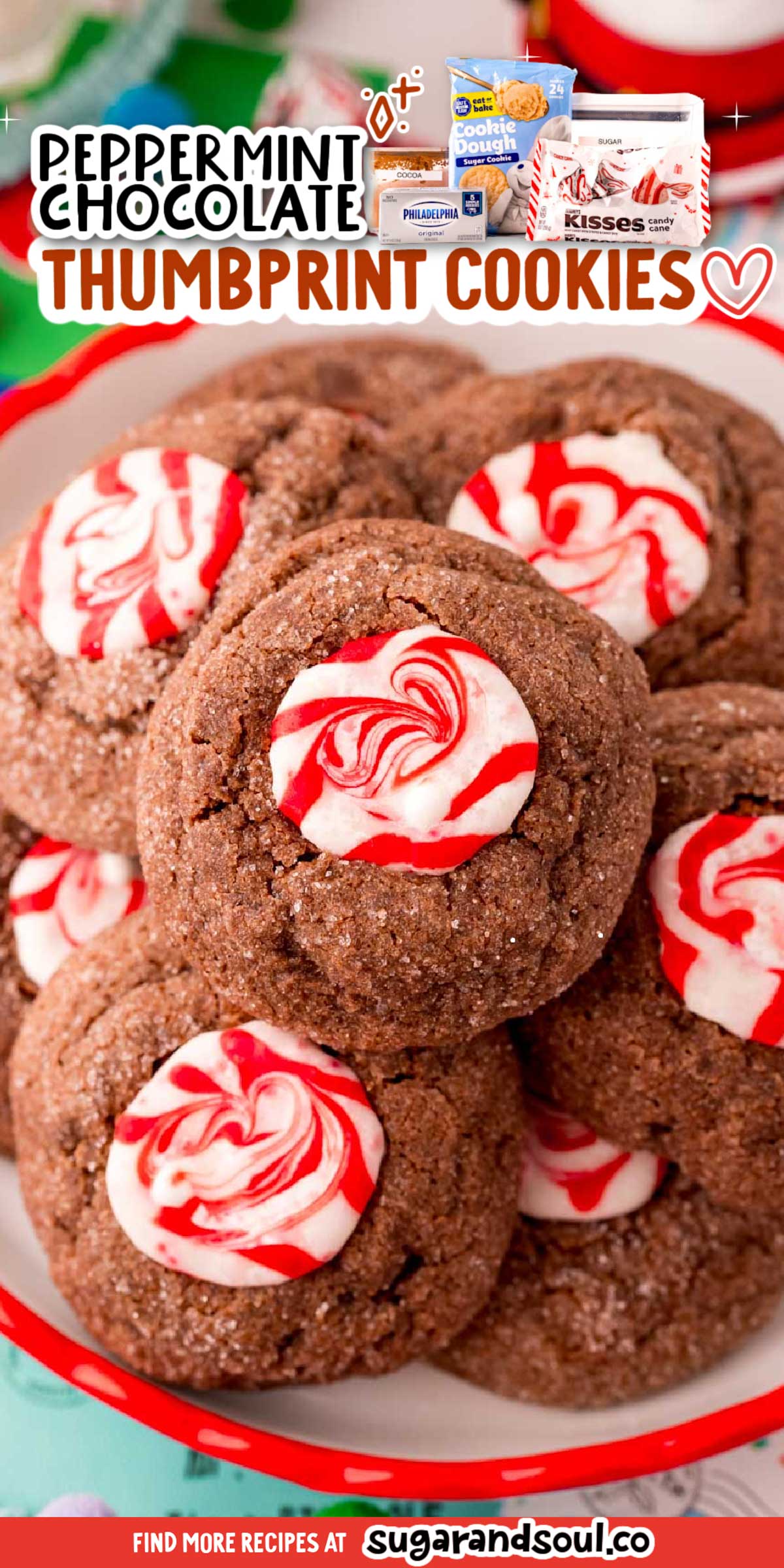 Chocolate Peppermint Thumbprint Cookies are a soft and chewy treat that's made with refrigerated cookie dough and Hershey's Peppermint Kisses! An easy-to-make sweet treat that's ready in under 35 minutes! via @sugarandsoulco