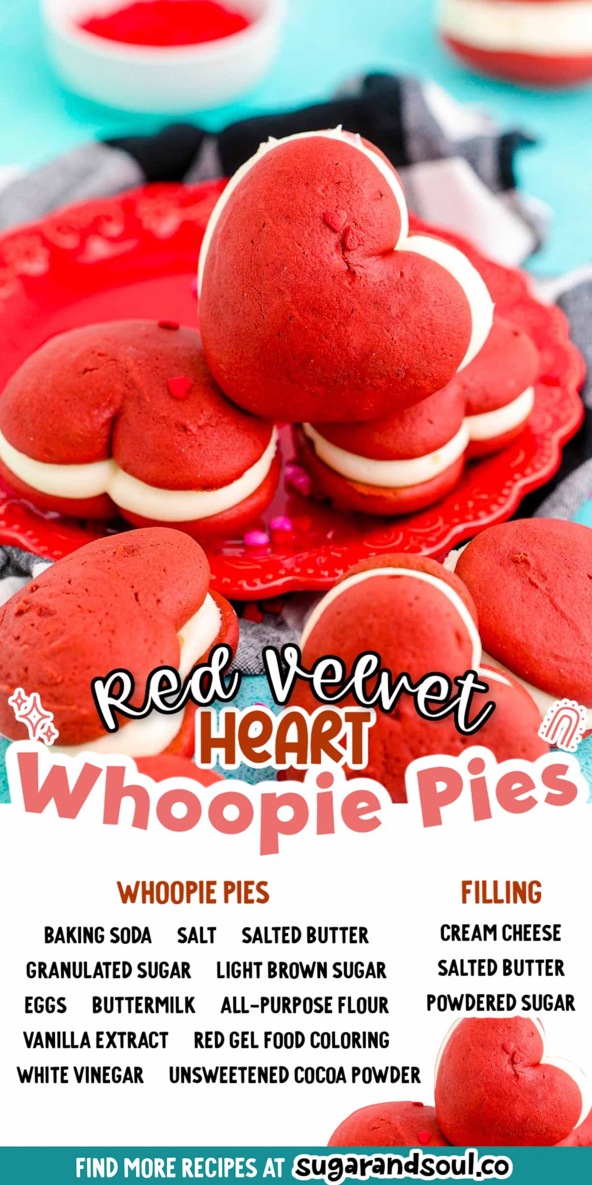 These Heart-Shaped Red Velvet Whoopie Pies are a sweet and festive hand-held treat that is filled with a 3-ingredient cream cheese frosting! Prep this easy dessert for your favorite Valentine in just 20 minutes! via @sugarandsoulco