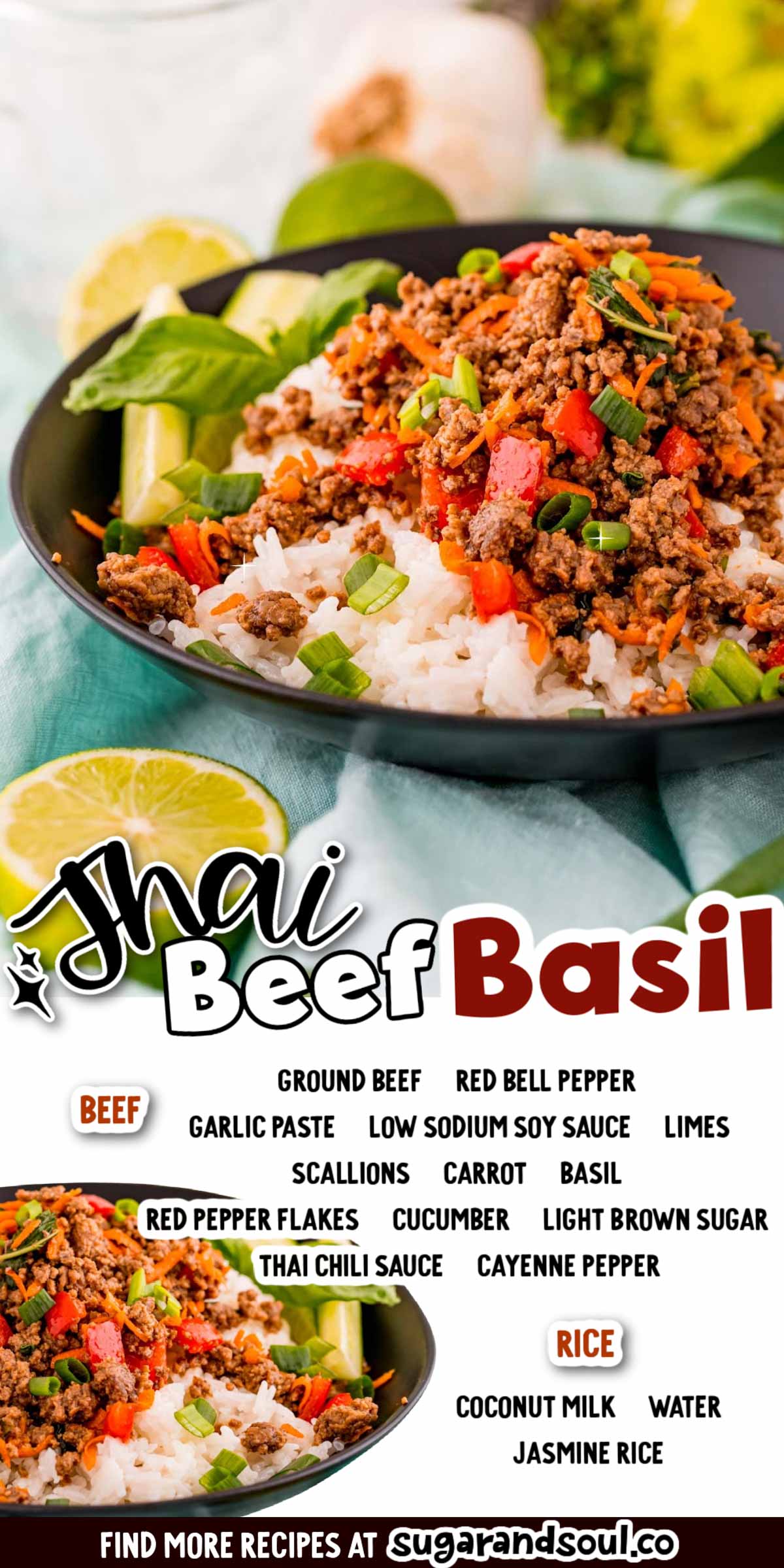 These Thai Basil Beef Bowls pack the best flavor into ground beef and bell peppers before serving it over coconut rice! Serve this delicious dish up to your family after only 30 minutes of cooking! via @sugarandsoulco