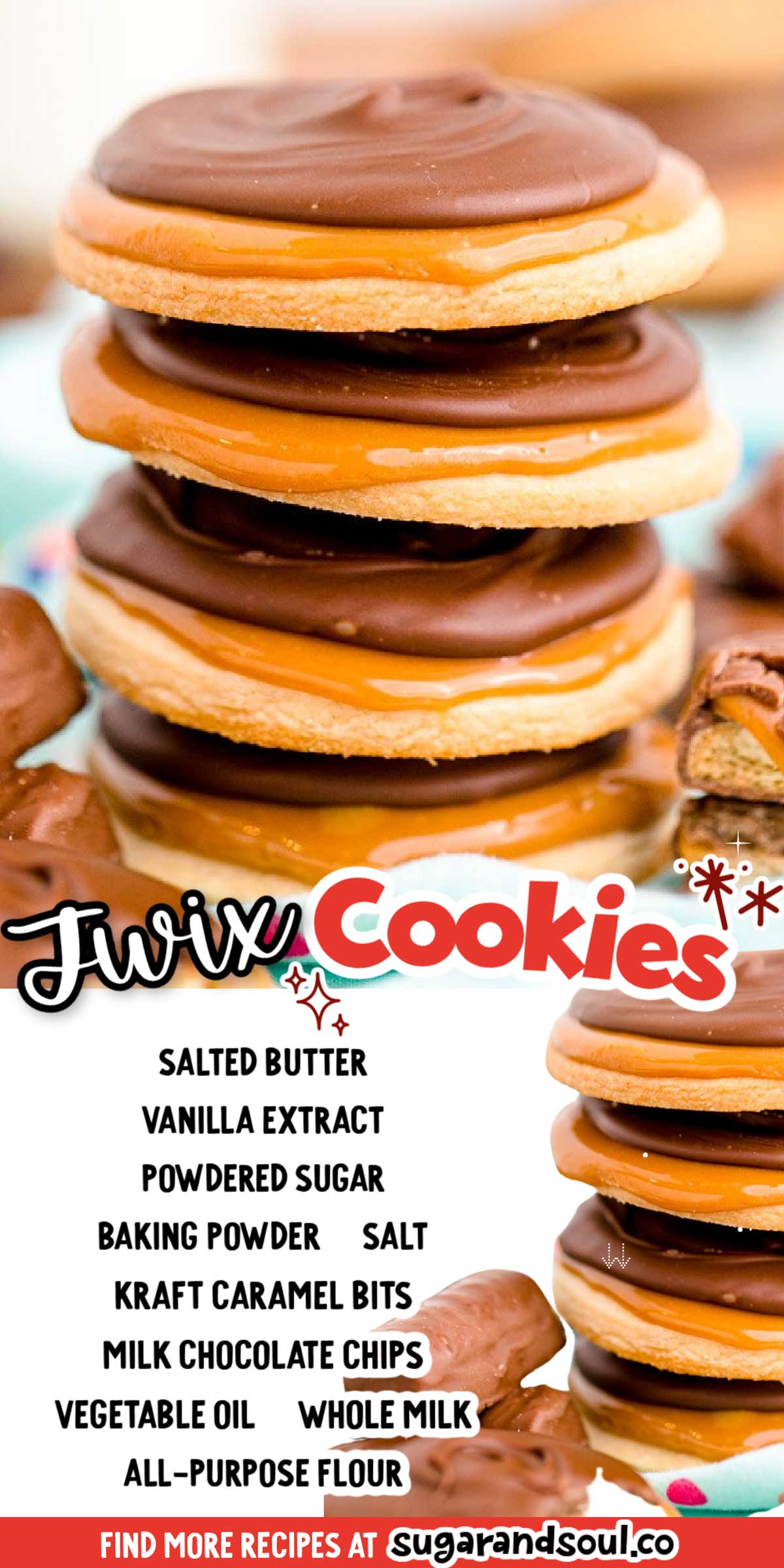 These Twix Cookies have three delicious and easy layers that make them taste exactly like your favorite candy bar only in cookie form! Made with pantry staple ingredients and Kraft caramel bits! via @sugarandsoulco