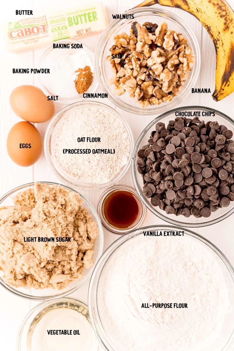 Ingredients to make banana bread cookies prepared on a white table.