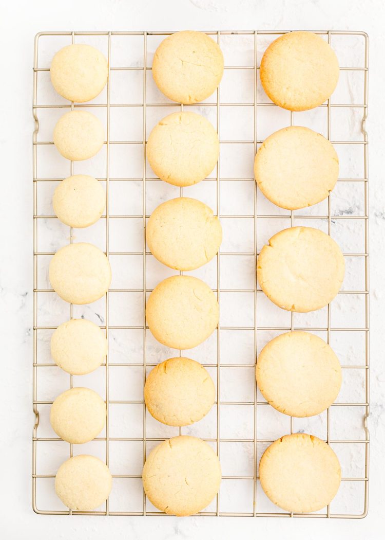 Baked sugar cookies on a wire rack.