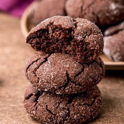 Close up photo of a stack of three chocolate sugar cookies with the top one missing a bite.