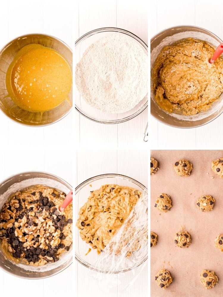 Step by step photo collage showing how to make banana bread cookies.