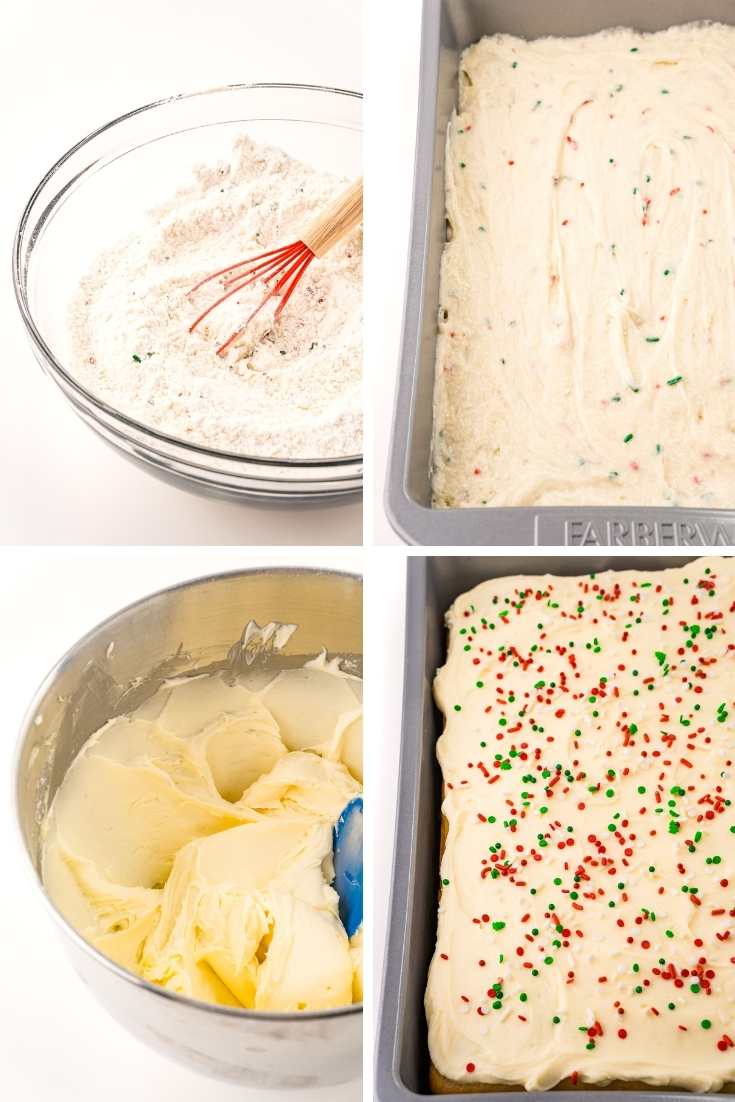 Step-by-step photo collage showing how to make Christmas cake.