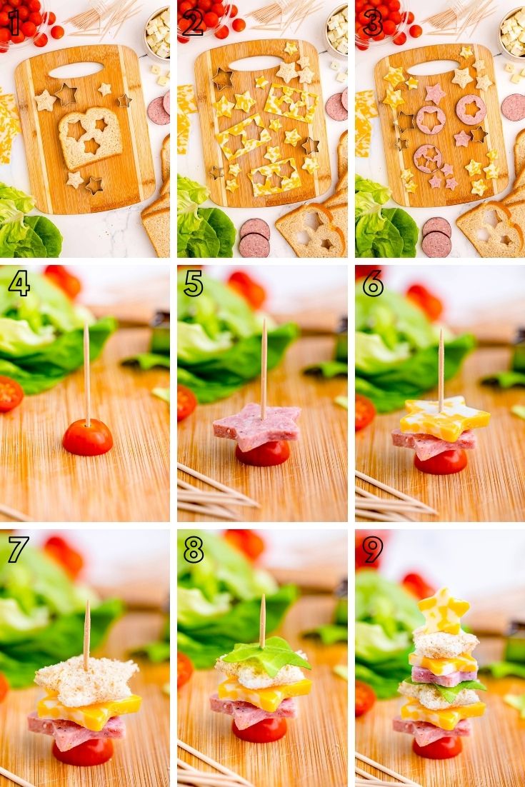 Step-by-step photo collage showing how to make christmas tree shaped appetizers.