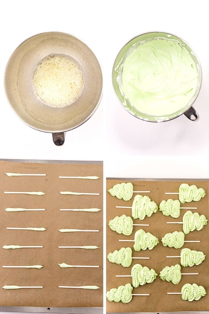 Step by step photo collage showing how to make christmas tree meringues.