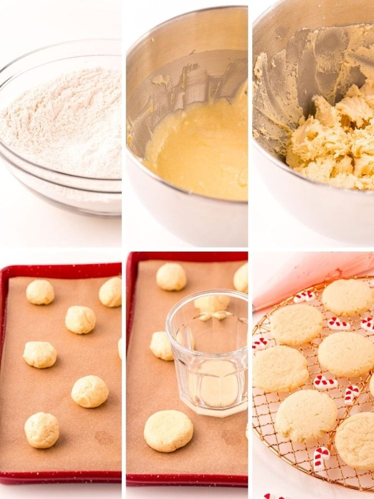 Step by step photo collage showing how to make peppermint sugar cookies from scratch.