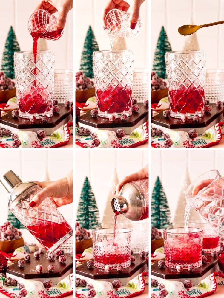 Step-by-step photo collage showing how to make a sparkling vodka cranberry.