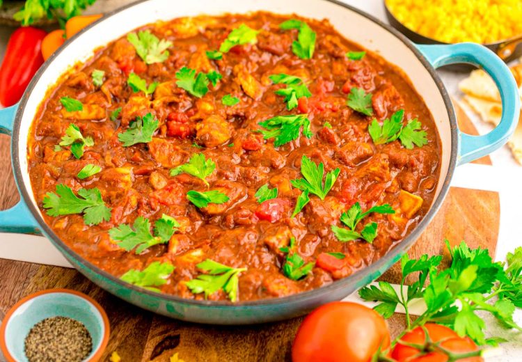 A blue skillet in madras curry.