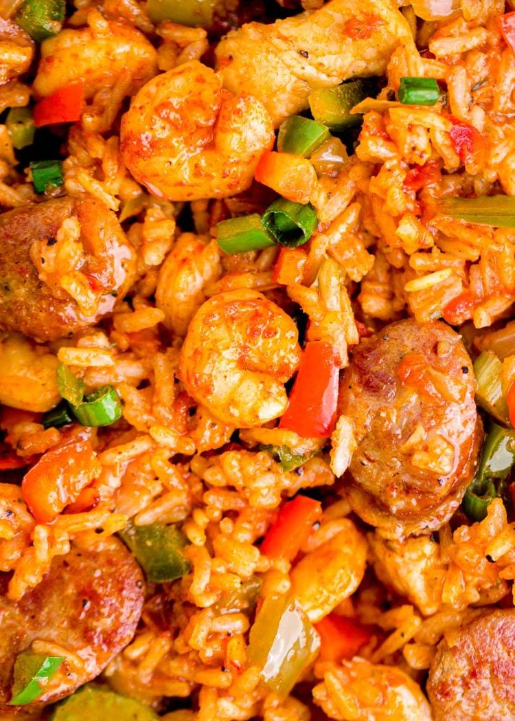 Close up photo of jambalaya with shrimp, sausage, and chicken.