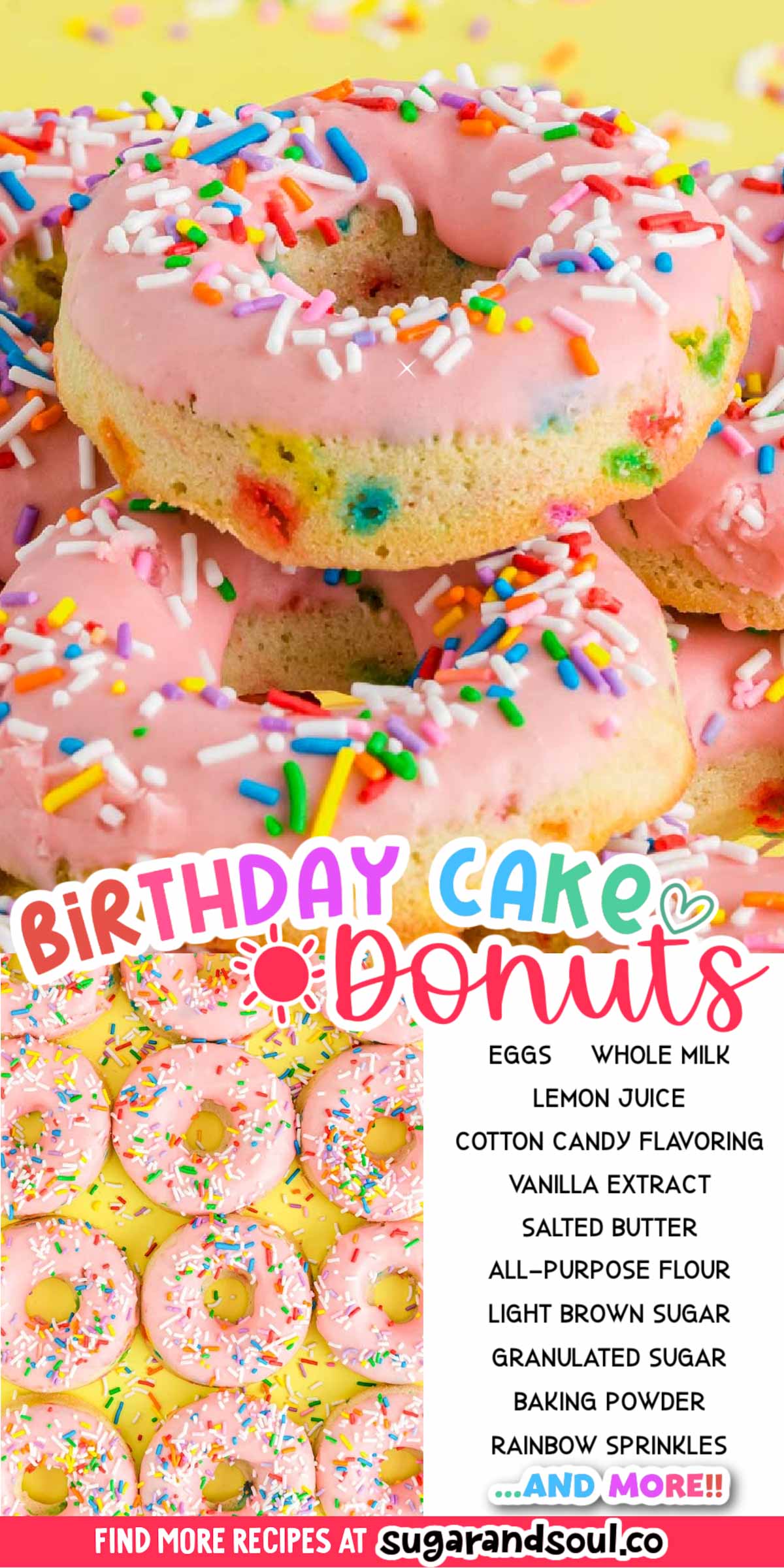 These Happy Birthday Donuts combine pantry staple ingredients with rainbow sprinkles and cotton candy flavoring to create light and fluffy glazed donuts! Serve up just under two dozen homemade donuts in only 25 minutes! via @sugarandsoulco