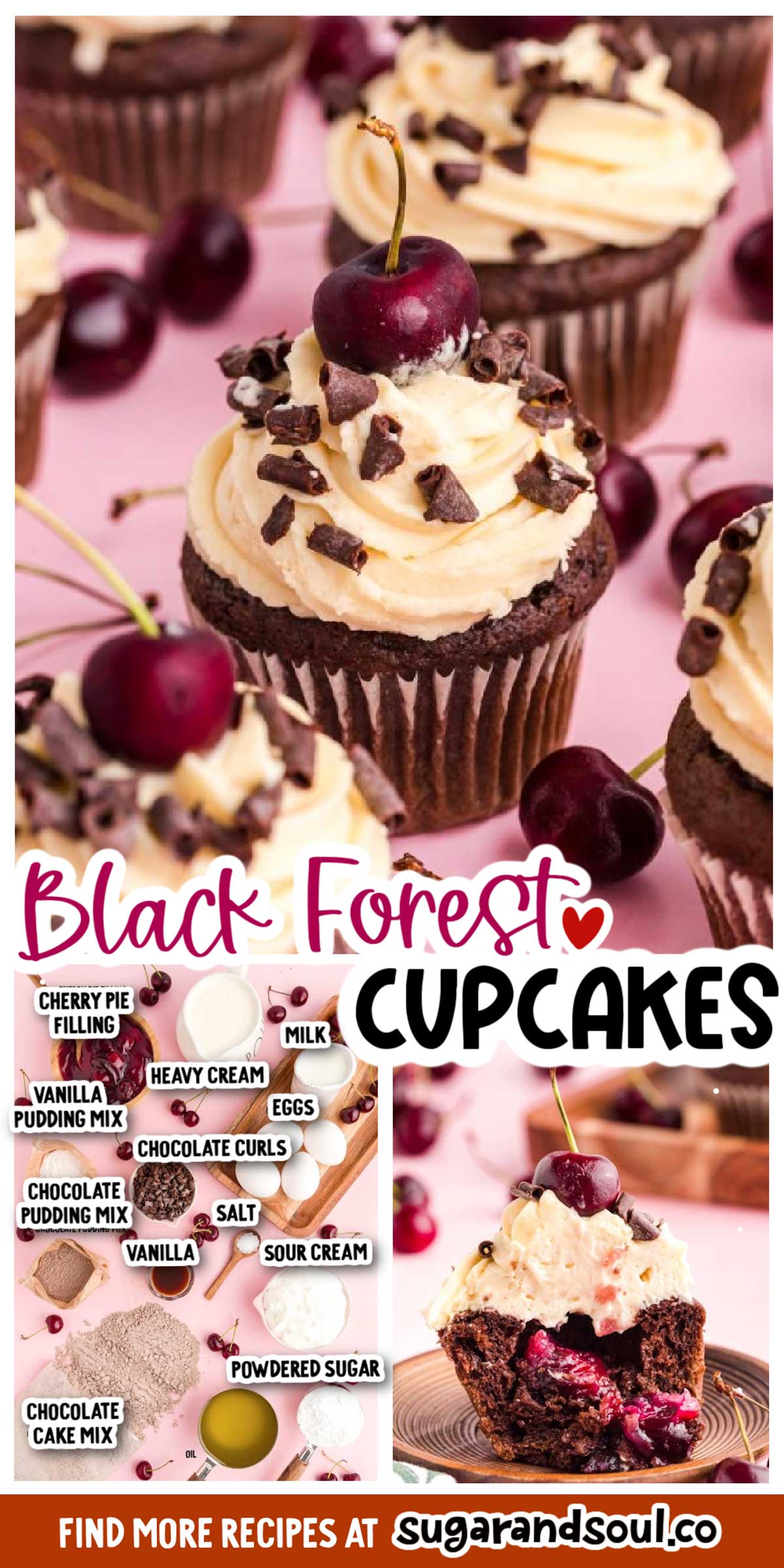 These Black Forest Cupcakes are made with a doctored chocolate cake mix then filled with cherry filling and topped with whipped vanilla cream frosting for a delightfully sweet treat perfect for any occasion!  via @sugarandsoulco