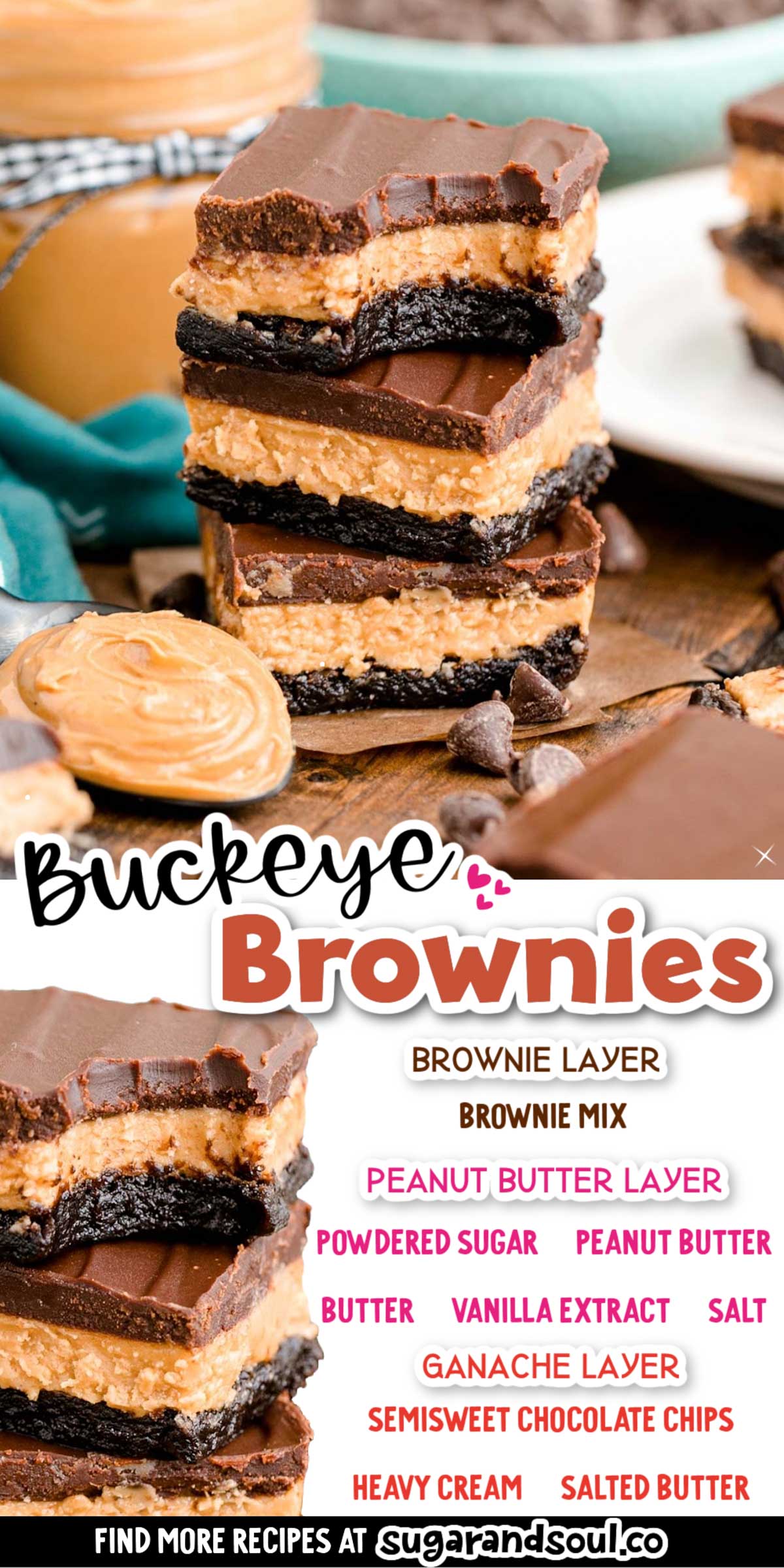 Buckeye Brownies are a rich and indulgent easy-to-make treat that has layers of chewy brownie, salty peanut butter, and smooth ganache! Prep this crowd-pleasing dessert in just 15 minutes! via @sugarandsoulco