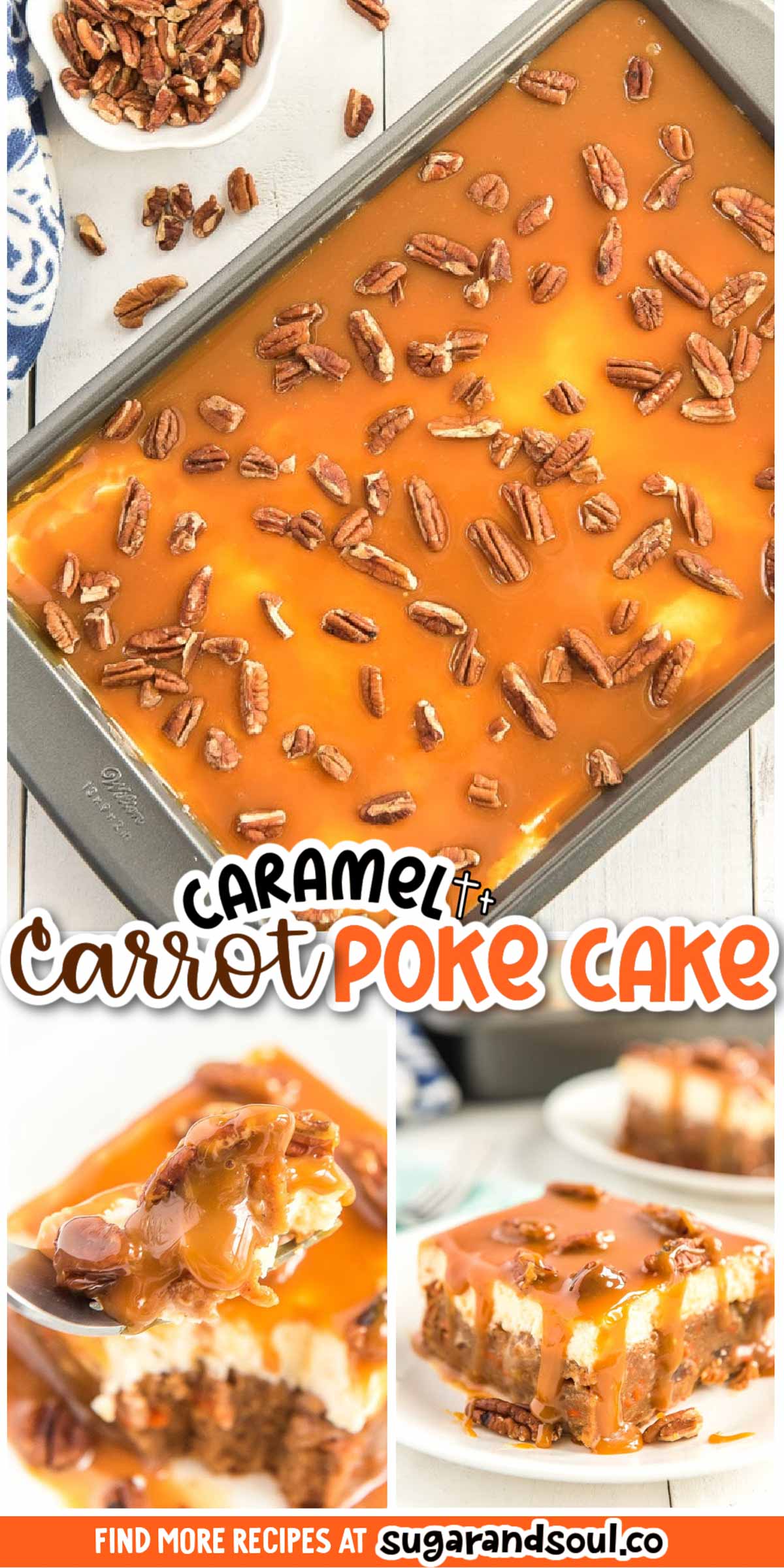 This Caramel Carrot Cake Poke Cake is so sweet and delicious, you'll never want any other carrot cake again! Baked to perfection and saturated in sweetened condensed milk, then topped with fluffy frosting and drenched in caramel sauce. via @sugarandsoulco