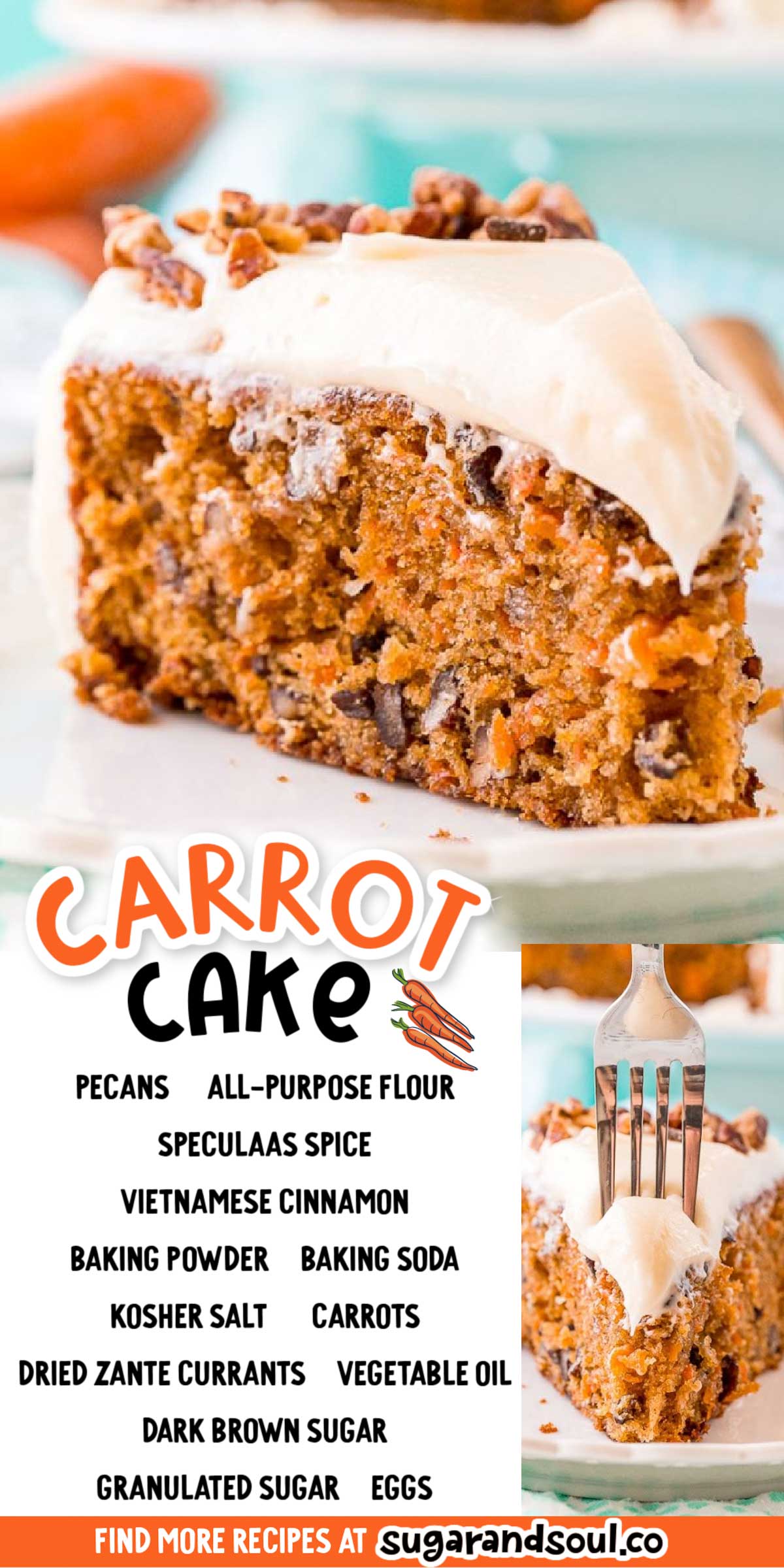 This is the BEST Carrot Cake Recipe made with fresh carrots, dried currants, aromatic spices, toasted pecans, and a rich cream cheese frosting, you’ll get rave reviews every time you make this single-layer confection.  via @sugarandsoulco