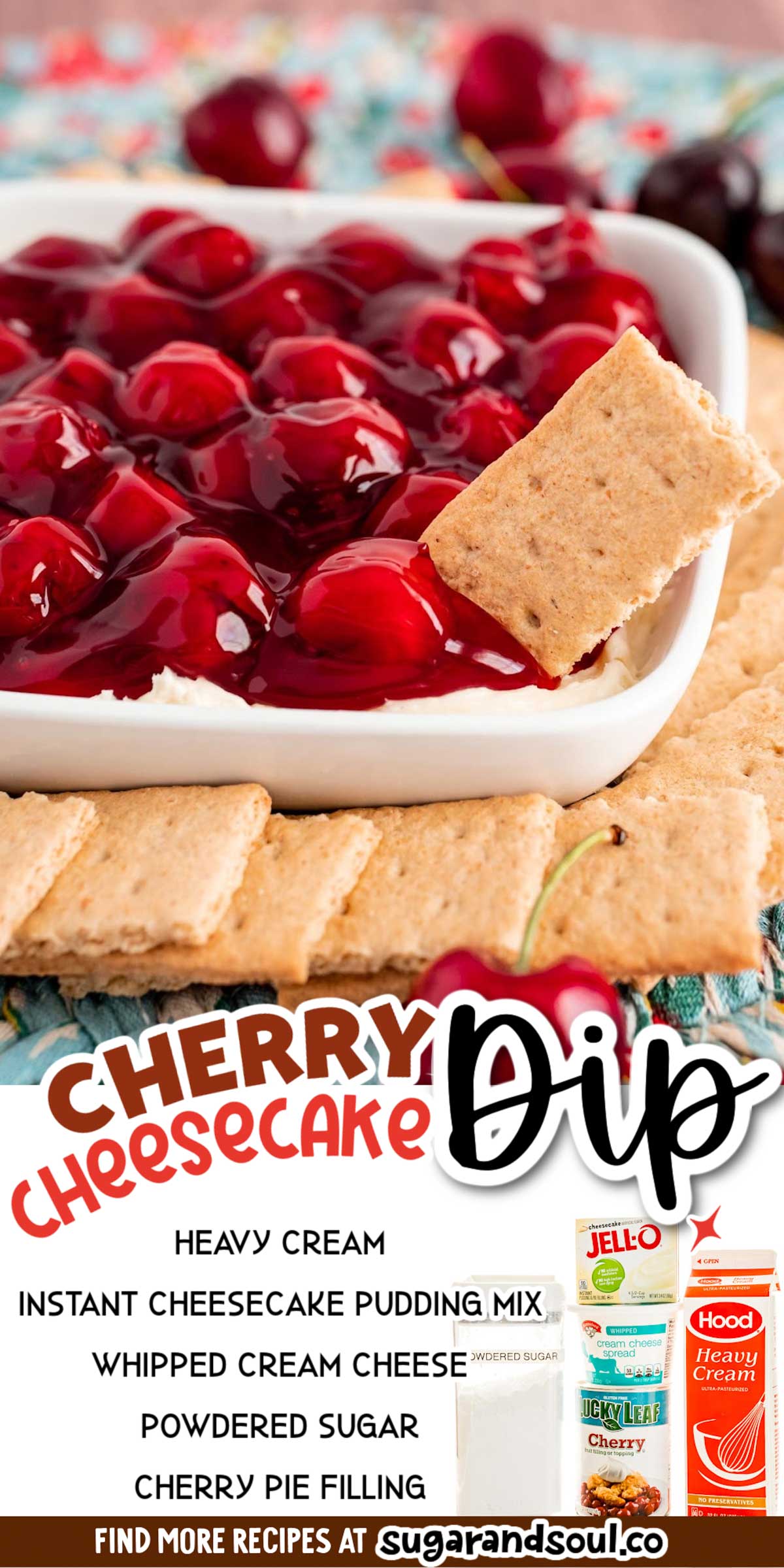Cherry Cheesecake Dip has a creamy 4 ingredient cheesecake base that's topped with cherry pie filling and then served with graham crackers! Whip this dessert dip up in just 5 minutes to share with friends and family! via @sugarandsoulco