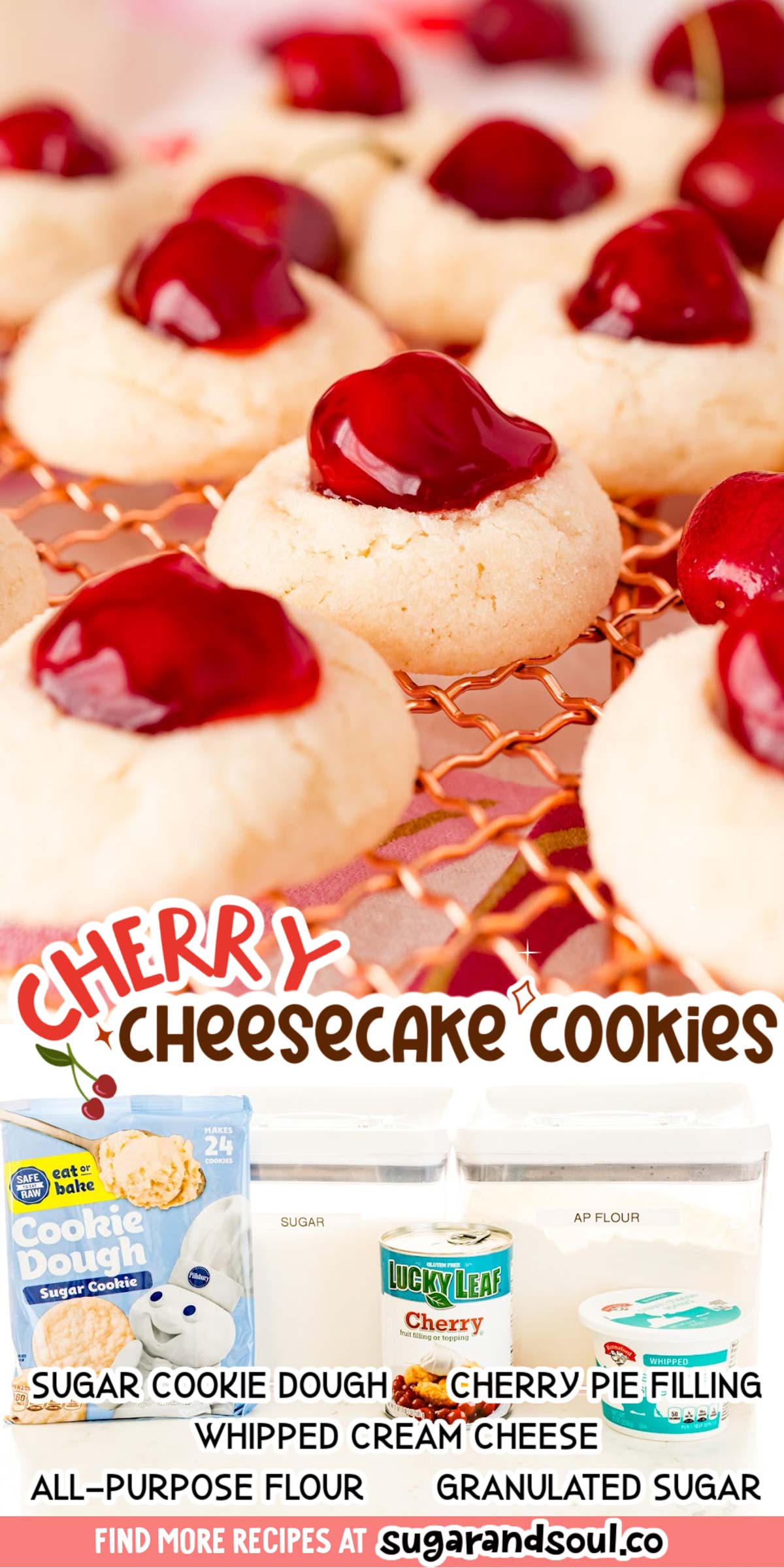 These Cherry Cheesecake Cookies are tender, sweet cookies that are made with a doctored-up refrigerated cookie dough base and tart cherry pie filling! Ready to enjoy in under 30 minutes! via @sugarandsoulco