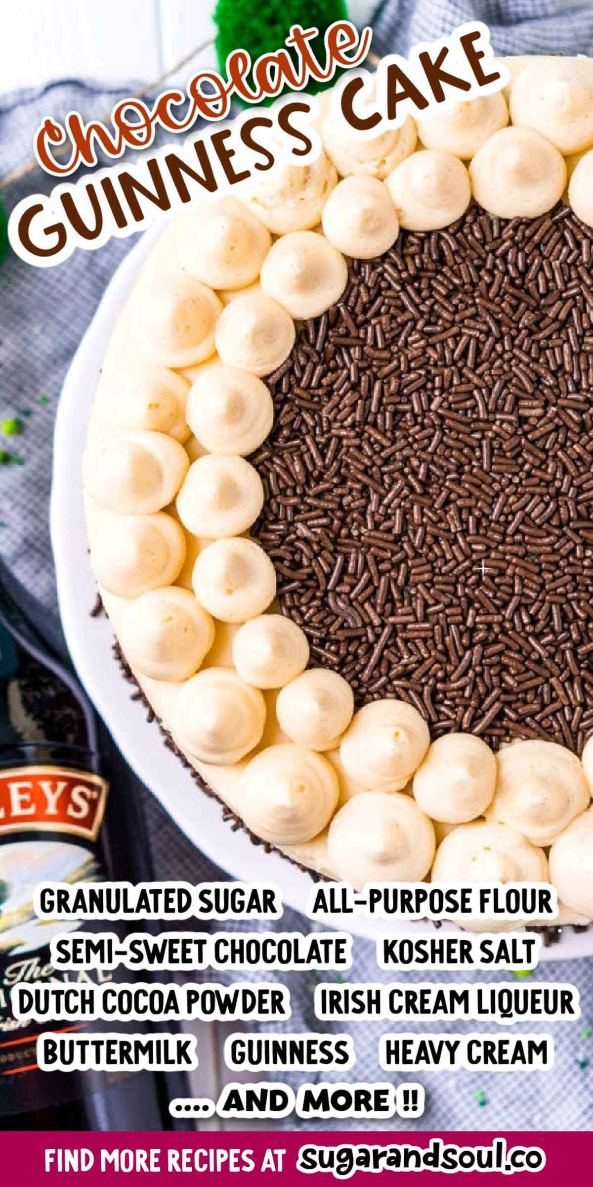 Chocolate Guinness Cake is made with a rich and tender chocolate cake laced with smooth stout with a chocolate ganache filling and a decadent Irish Cream Frosting! via @sugarandsoulco