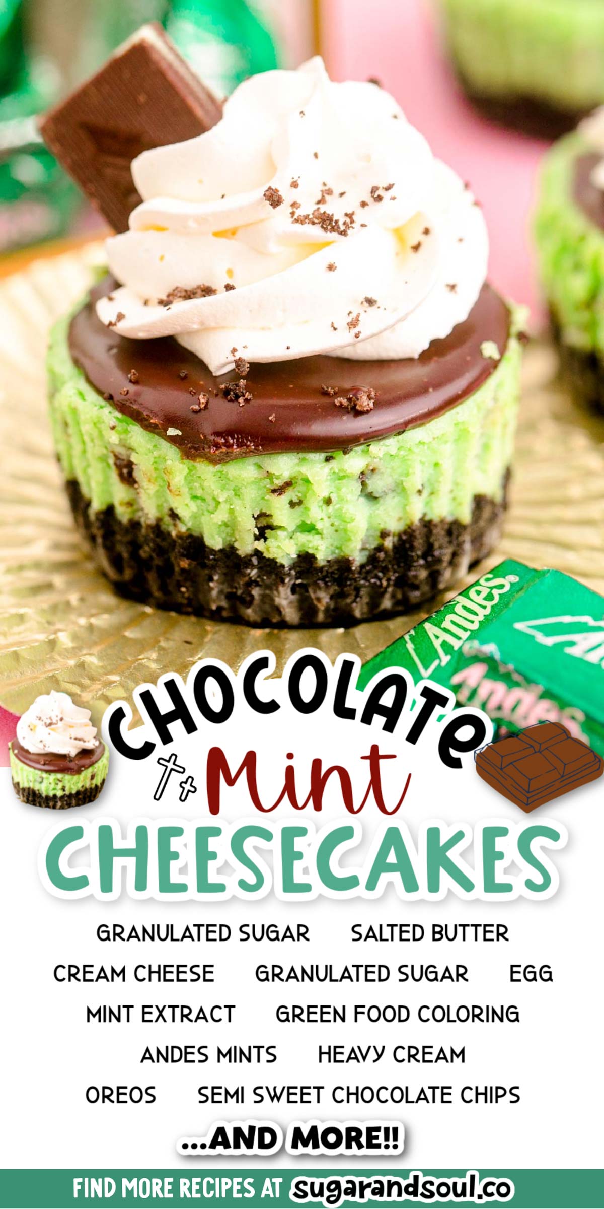 Oreo Chocolate Mint Cheesecakes are mini desserts that have an Oreo crust with a mint cheesecake filling that's studded with Andes mints! Finish them off with tasty toppings and you have a treat that everyone will devour! via @sugarandsoulco