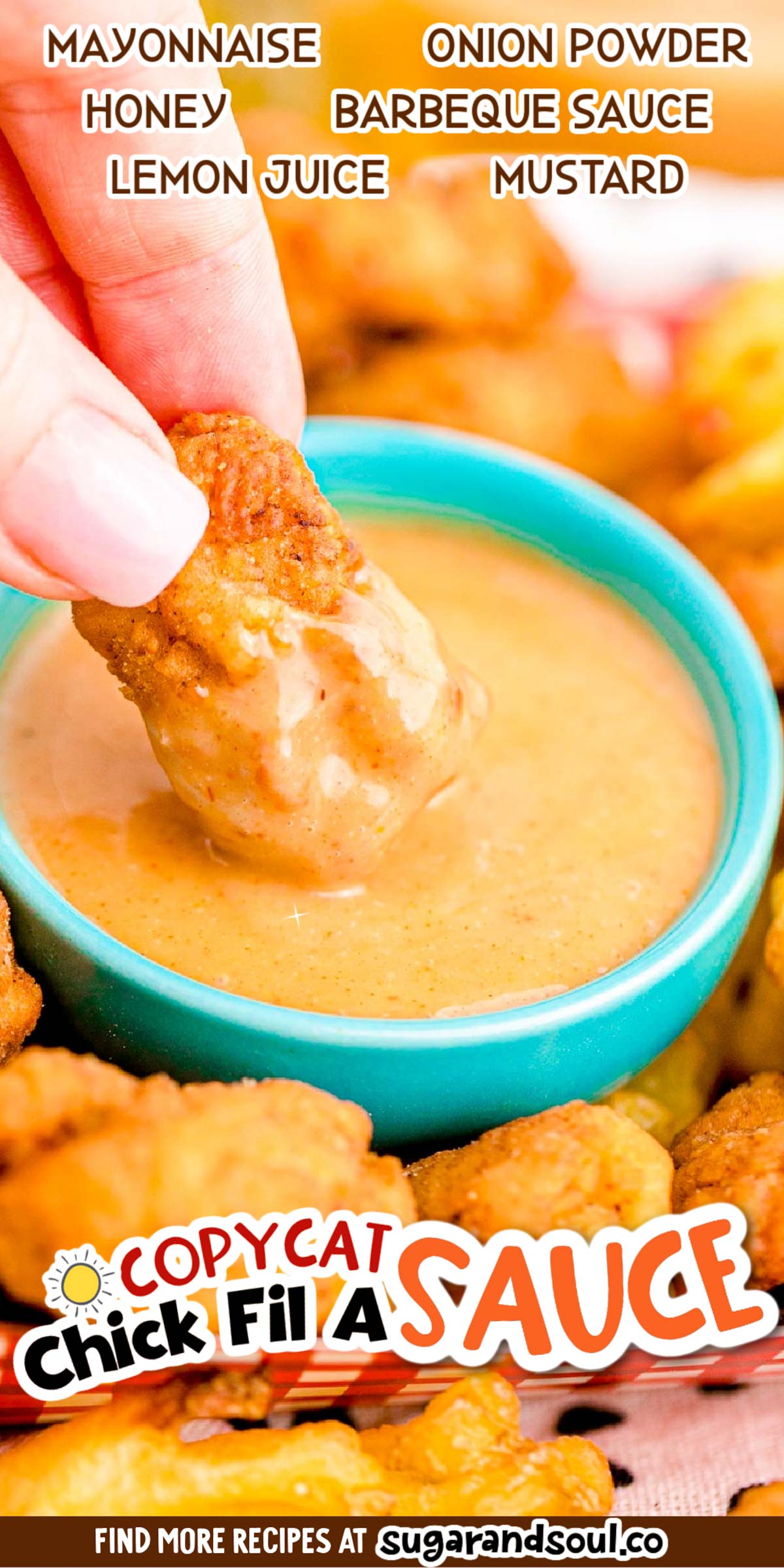 This Homemade Chick-fil-A Sauce is made with honey, mayonnaise, BBQ sauce, and three more easy ingredients in just 5 minutes or less! A tasty dipping sauce for chicken nuggets and French fries! via @sugarandsoulco