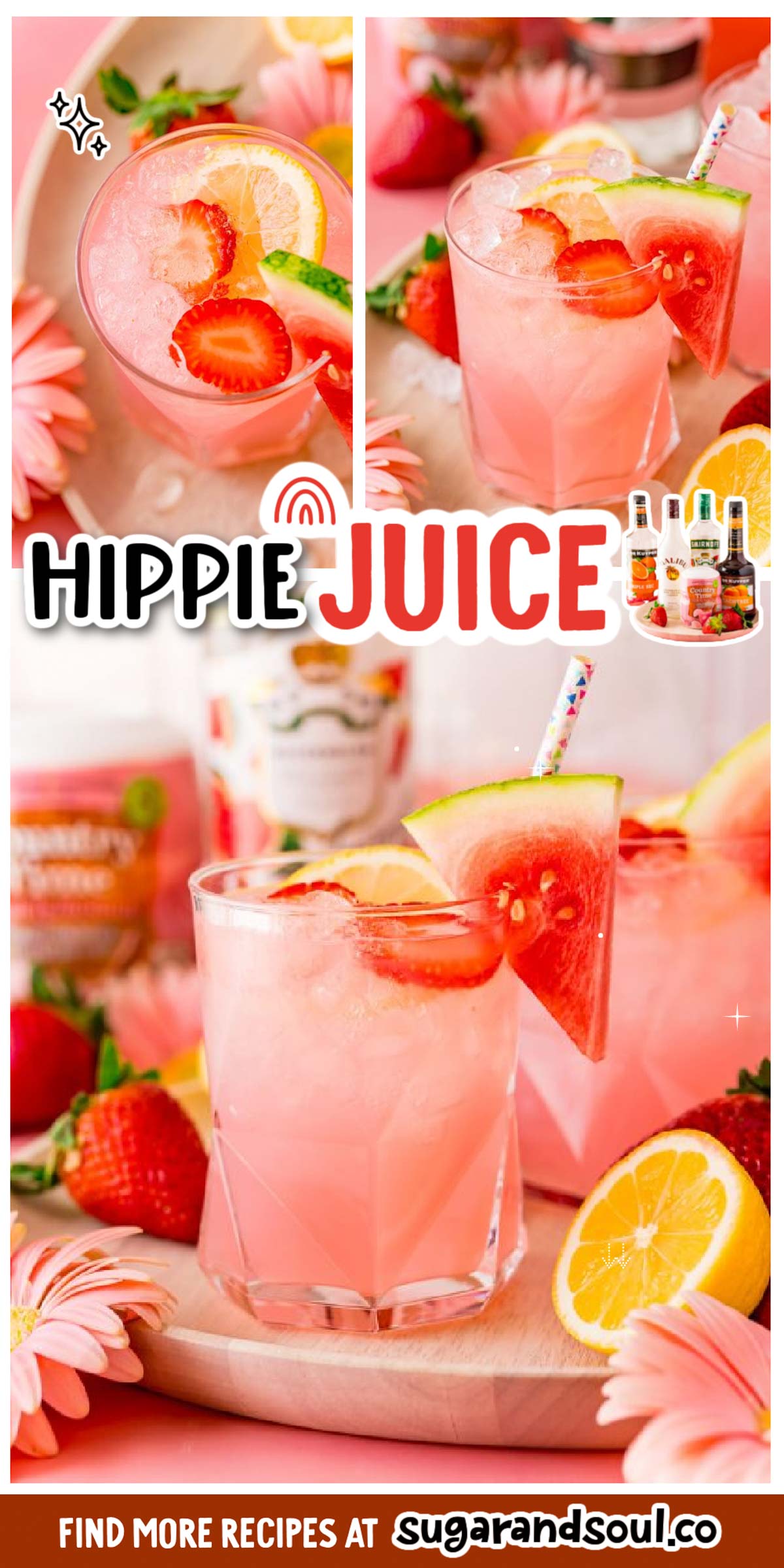 Hippie Juice uses watermelon vodka, triple sec, coconut rum, and peach schnapps to make a strong, incredibly smooth, sweet, and fruity drink! via @sugarandsoulco