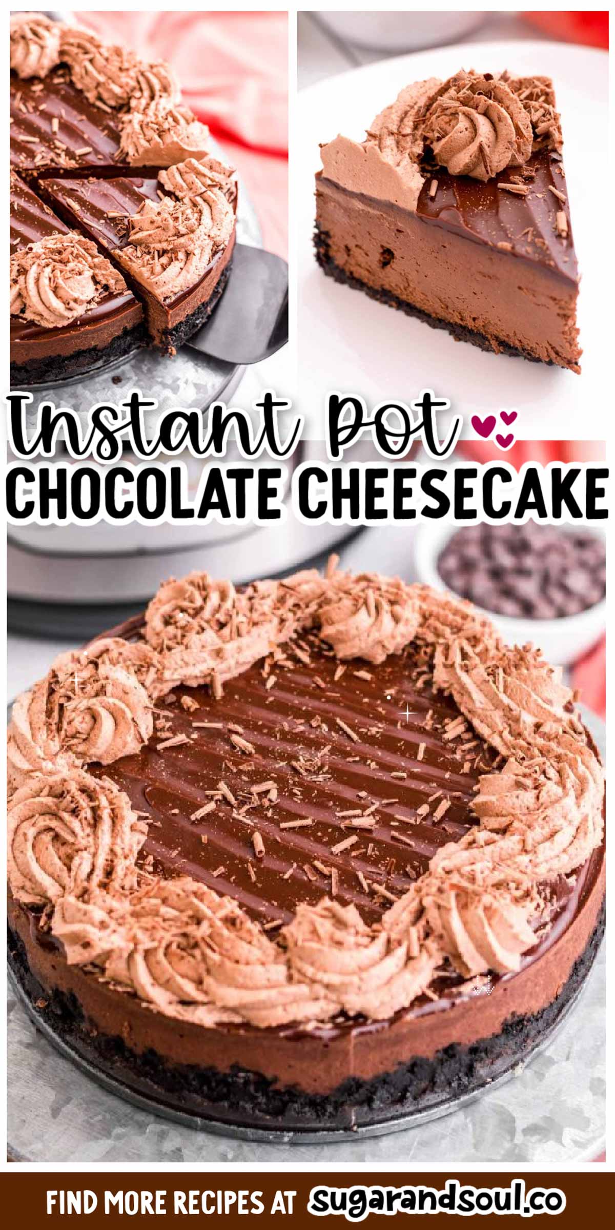 If you love chocolate then this Instant Pot Chocolate Cheesecake is just what you’re looking for! With multiple layers of chocolate, this cheesecake is deliciously smooth with a tasty ganache topping and swirls of chocolate whipped cream. The perfect dessert for any chocolate lover. via @sugarandsoulco