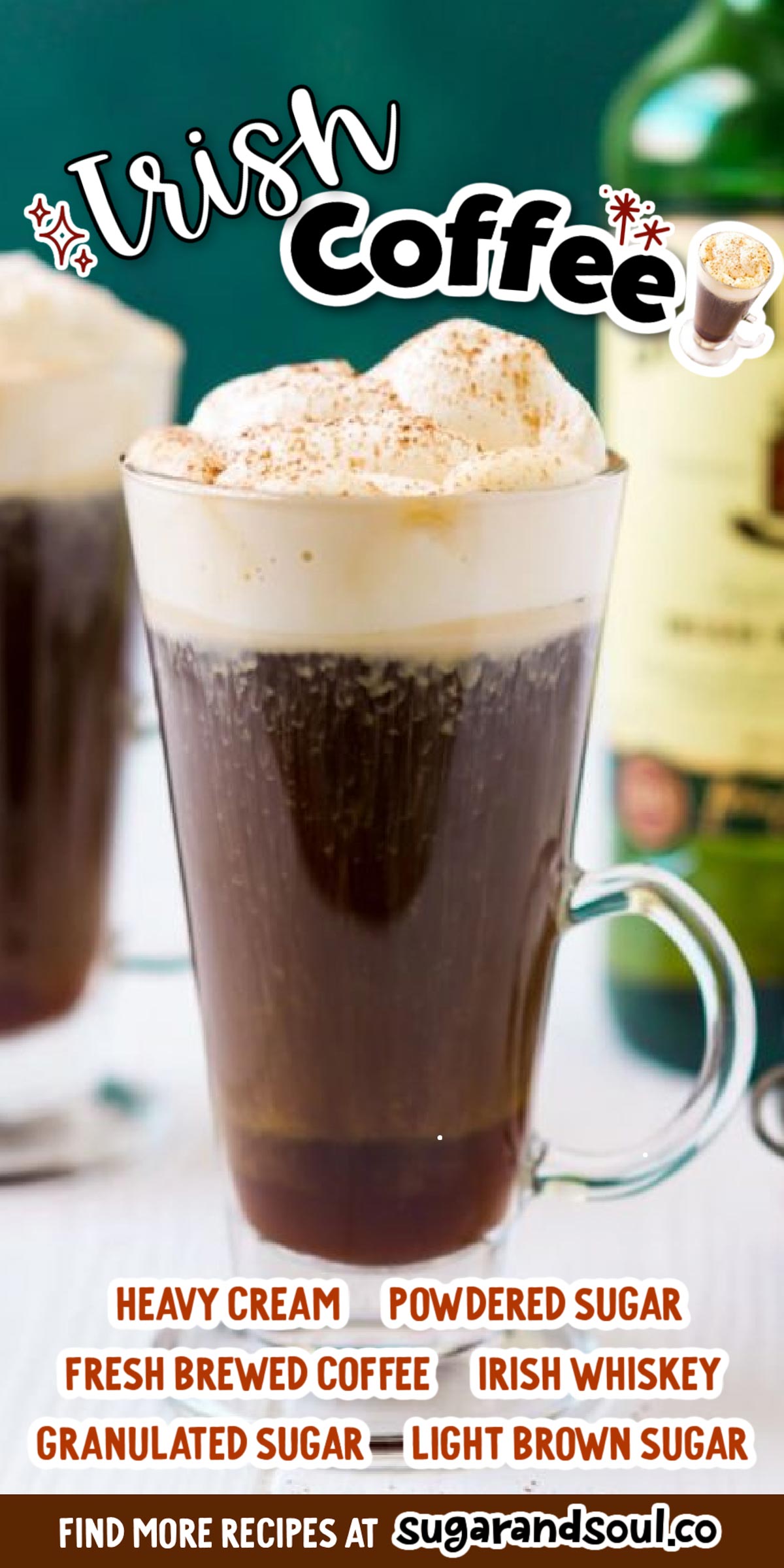 This Irish Coffee is a traditional drink recipe made with coffee, whiskey, sugar, brown sugar, and whipped cream. A spiked coffee that's perfect for weekends and dessert. via @sugarandsoulco