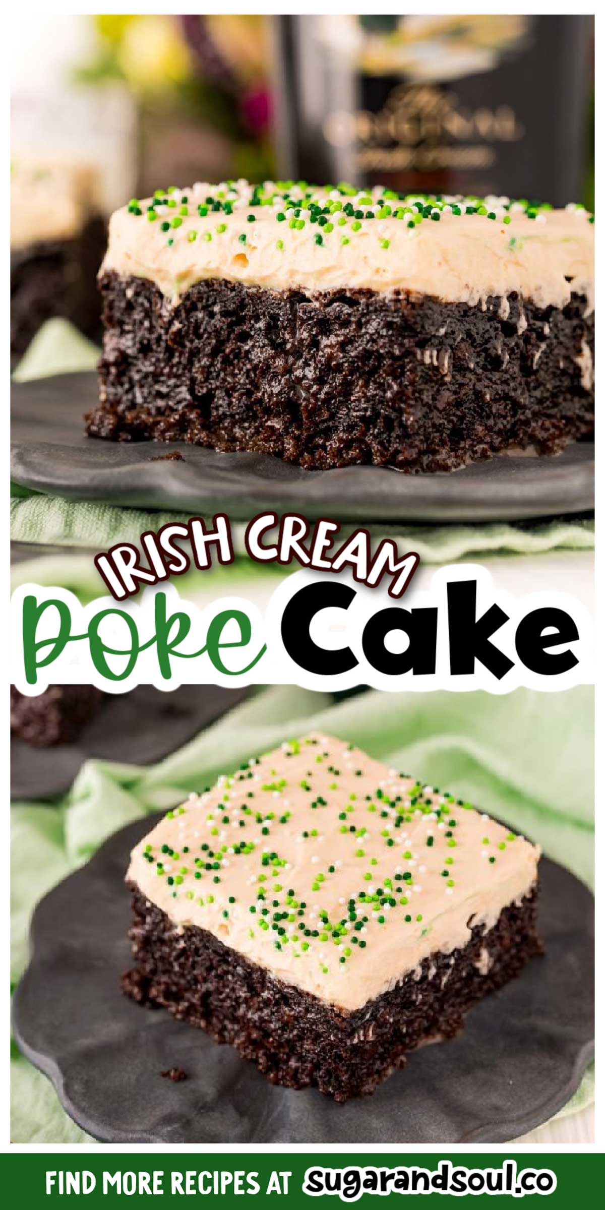 Chocolate Irish Cream Cake is made with a generous dose of Irish cream and topped with a fluffy, pudding-based frosting. This grown-up dessert is moist, rich, and oh-so-boozy! via @sugarandsoulco