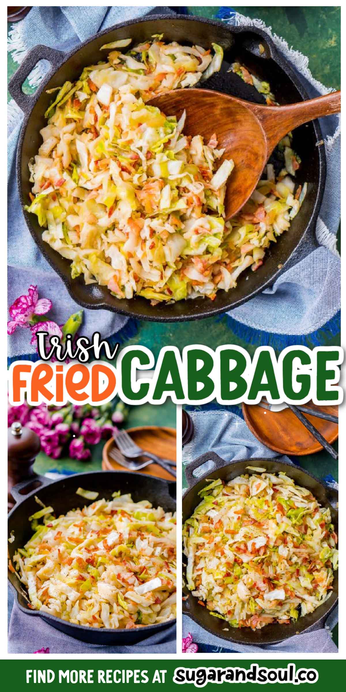 Irish Fried Cabbage and Bacon is a simple recipe that's pan-fried in bacon grease and loaded up with bacon pieces and onion and seasoned with brown sugar, salt, and pepper. via @sugarandsoulco