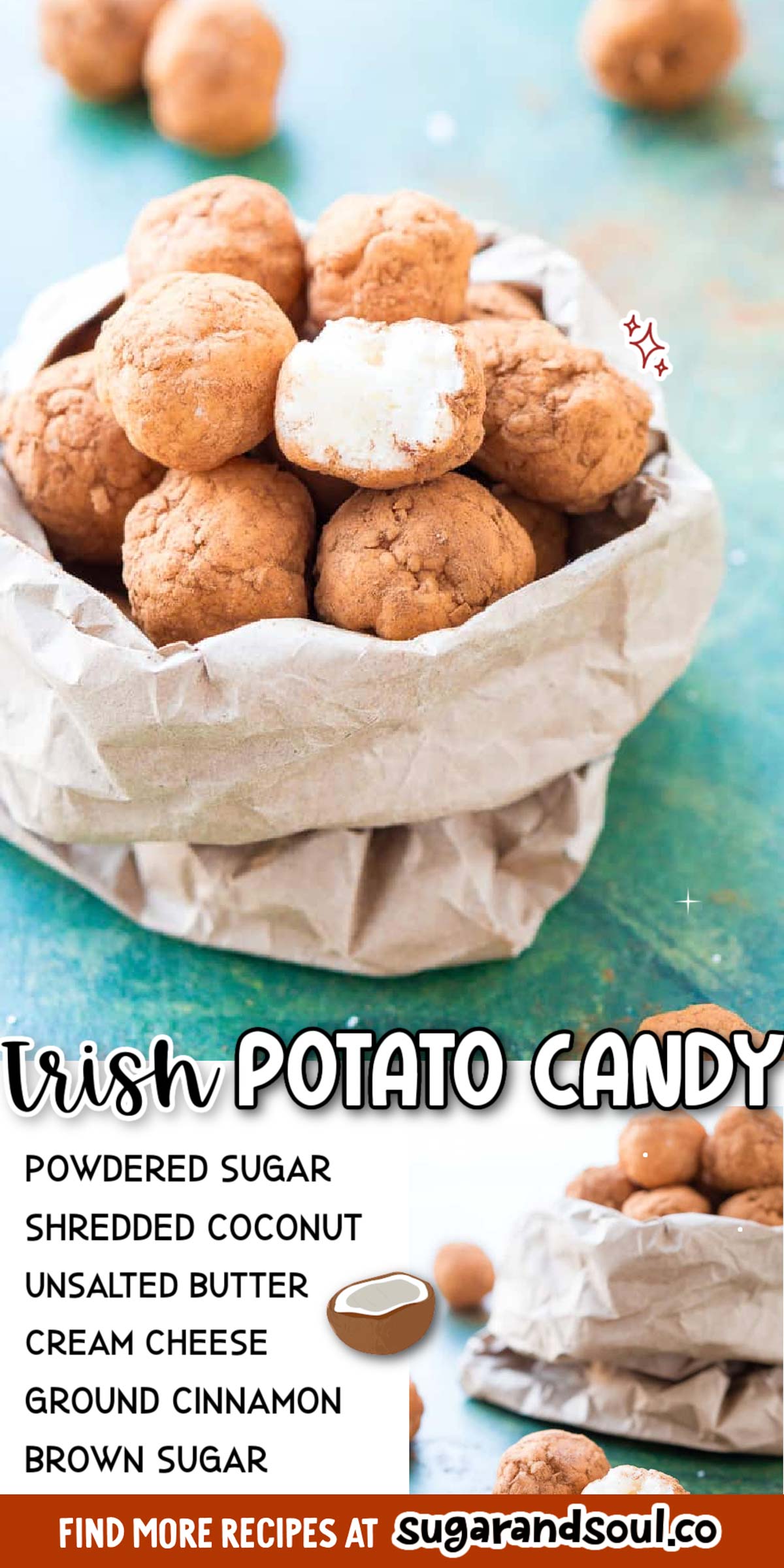 This Irish Potato Candy is perfect for celebrating St. Patrick's Day with! Made with butter, coconut, cream cheese, sugar, and cinnamon and they look like baby potatoes! via @sugarandsoulco