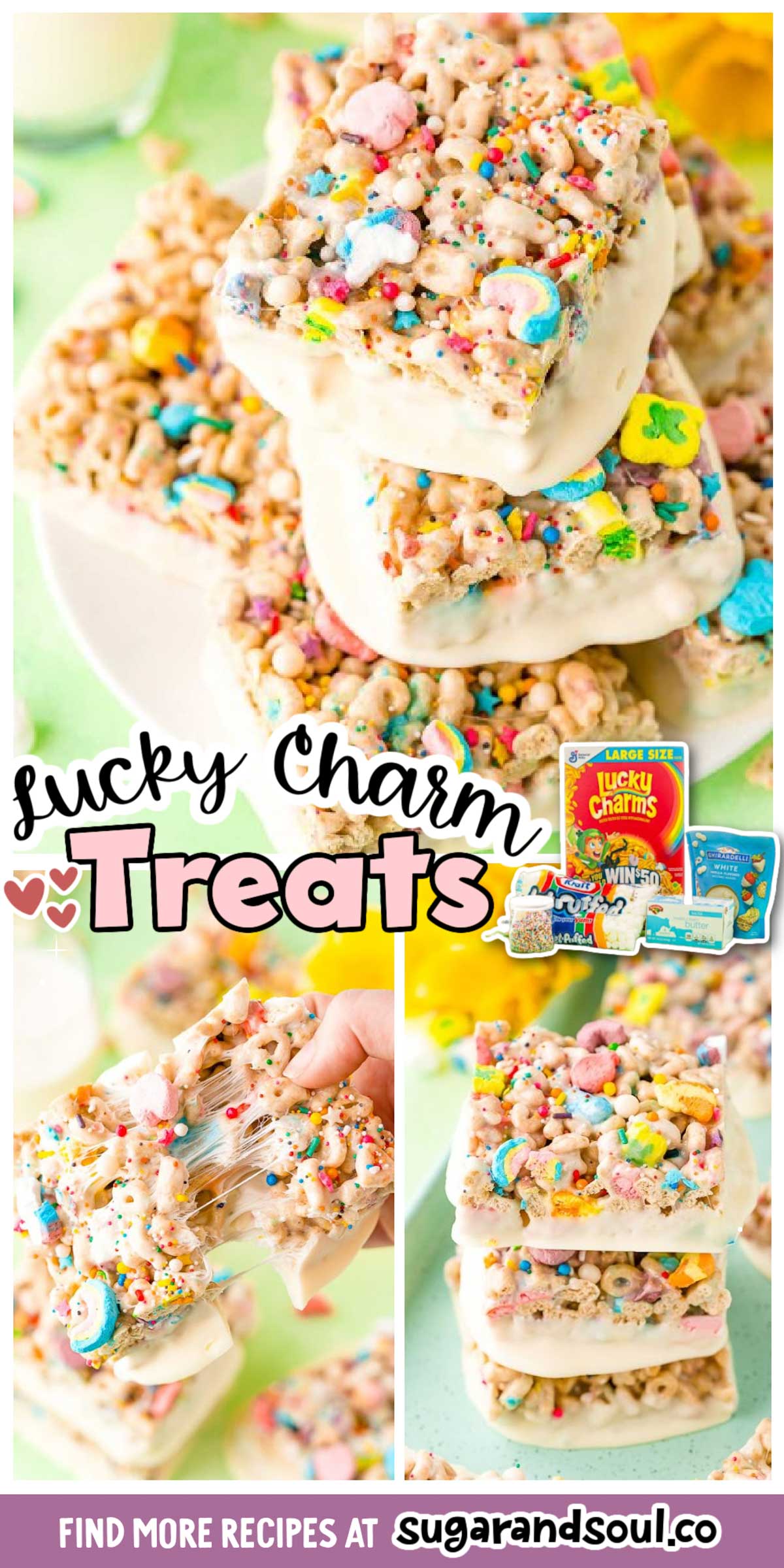 These Lucky Charms Treats are a fun and easy 3 ingredient dessert that requires ZERO baking! Dip them in white chocolate and top them with sprinkles for an extra fun treat! via @sugarandsoulco