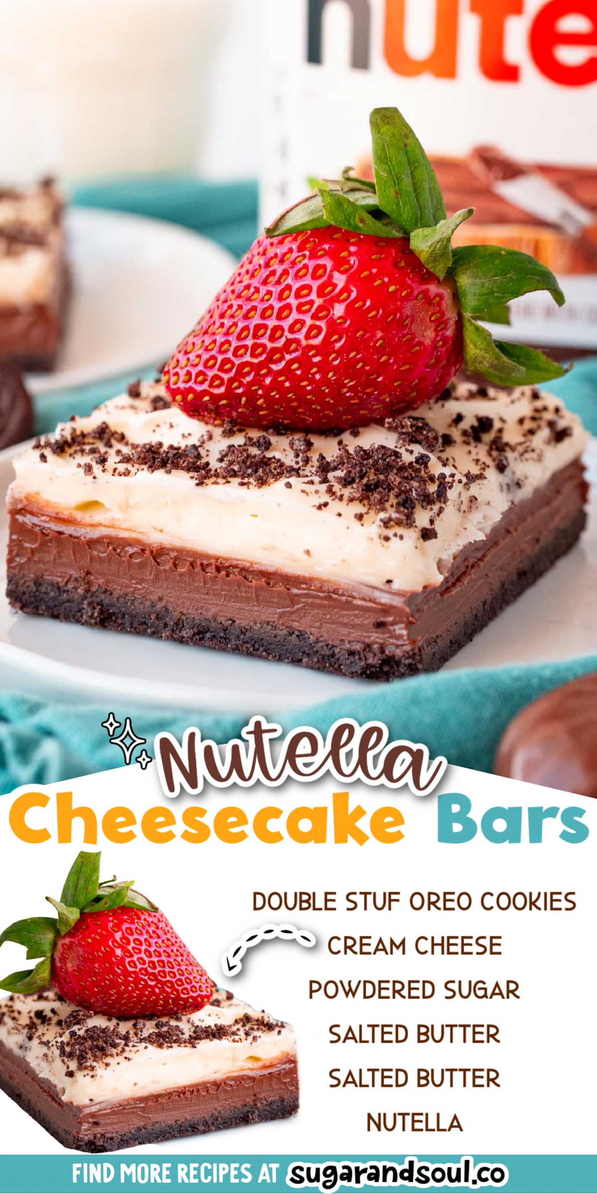 No Bake Nutella Cheesecake Bars have an Oreo crust with a layer of Nutella that's topped with a 3-ingredient creamy cheesecake layer! Prep this sweet treat in only 15 minutes! via @sugarandsoulco
