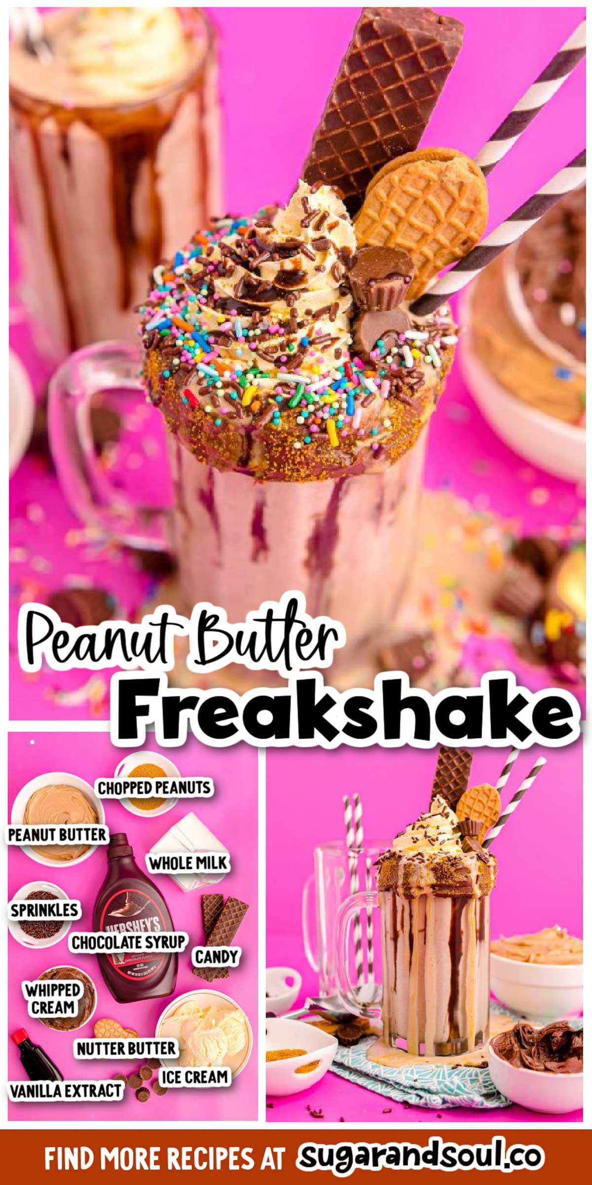 Peanut Butter Milkshake (Freak Shake) combines 6-ingredients to deliver the ultimate peanut butter shake that's overflowing with toppings! Ready to enjoy in just 5 minutes! via @sugarandsoulco