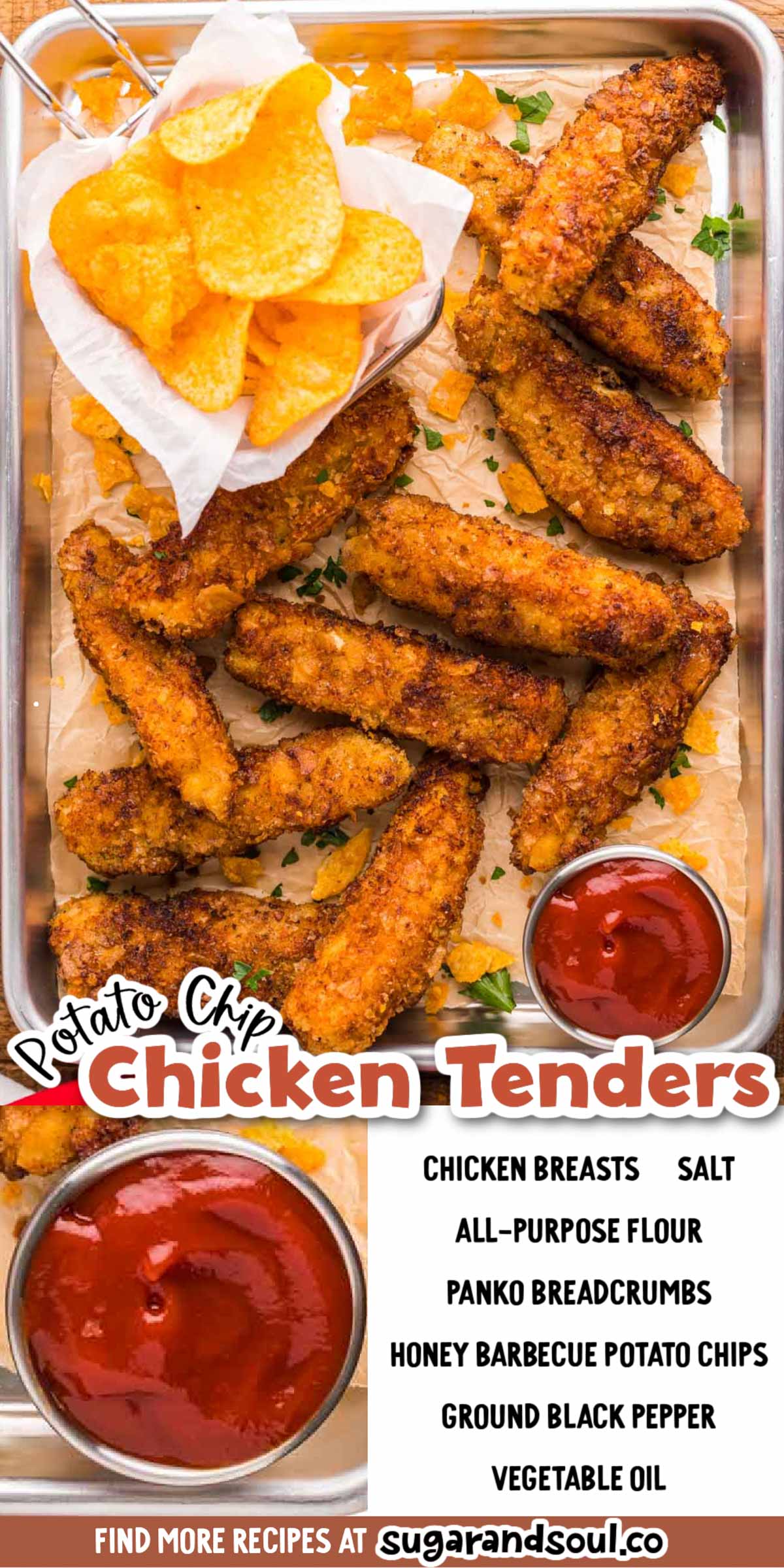 Potato Chip Chicken Tenders are coated in a honey barbecue potato chip bread crumb mixture and fried to golden brown perfection! You can have these hitting the dinner table in just 20 minutes! via @sugarandsoulco