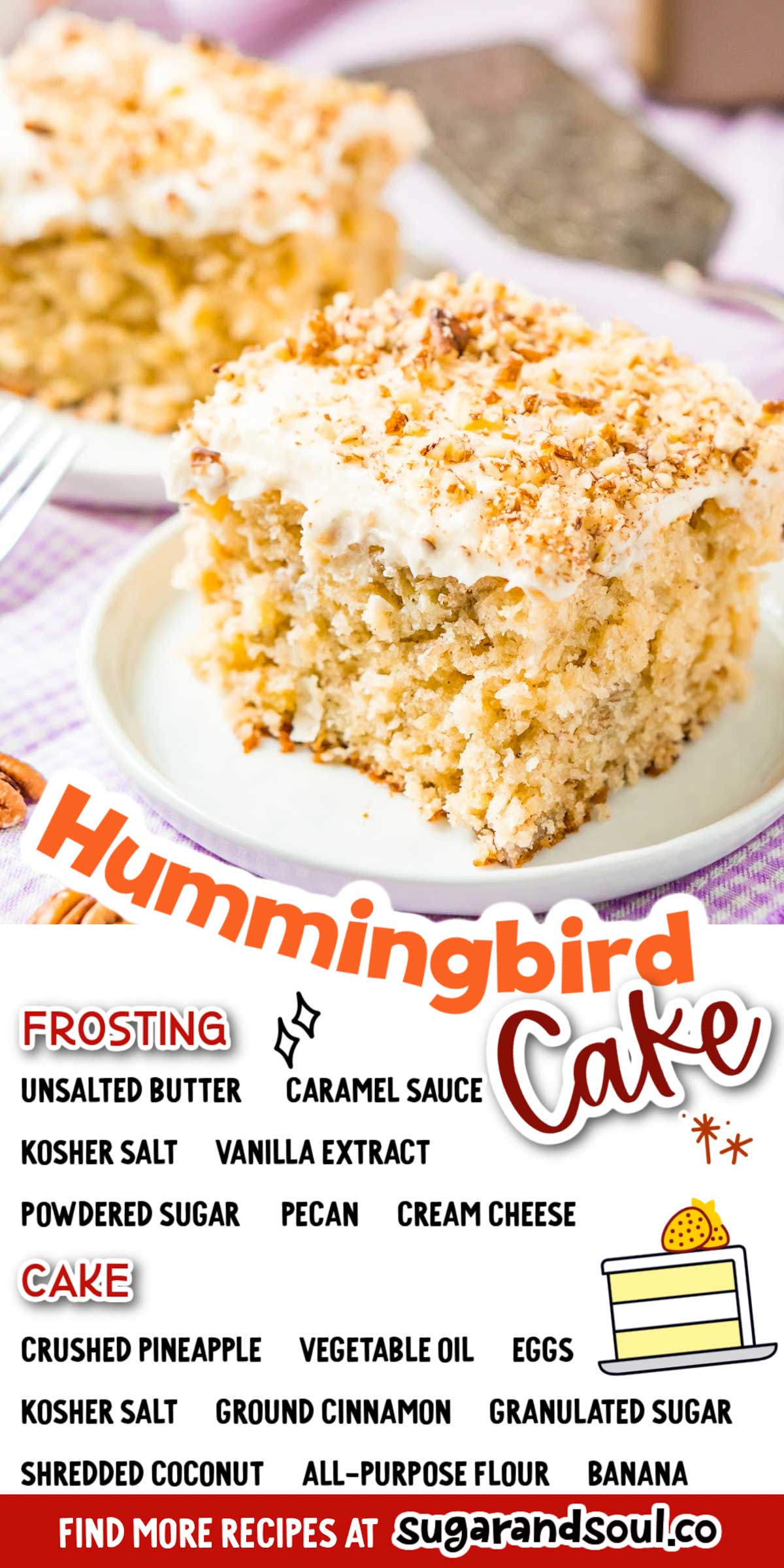 Hummingbird Cake is a classic recipe made with mashed bananas, crushed pineapple, and shredded coconut, and it’s topped with a sweet caramel cream cheese frosting and pecan pieces! via @sugarandsoulco