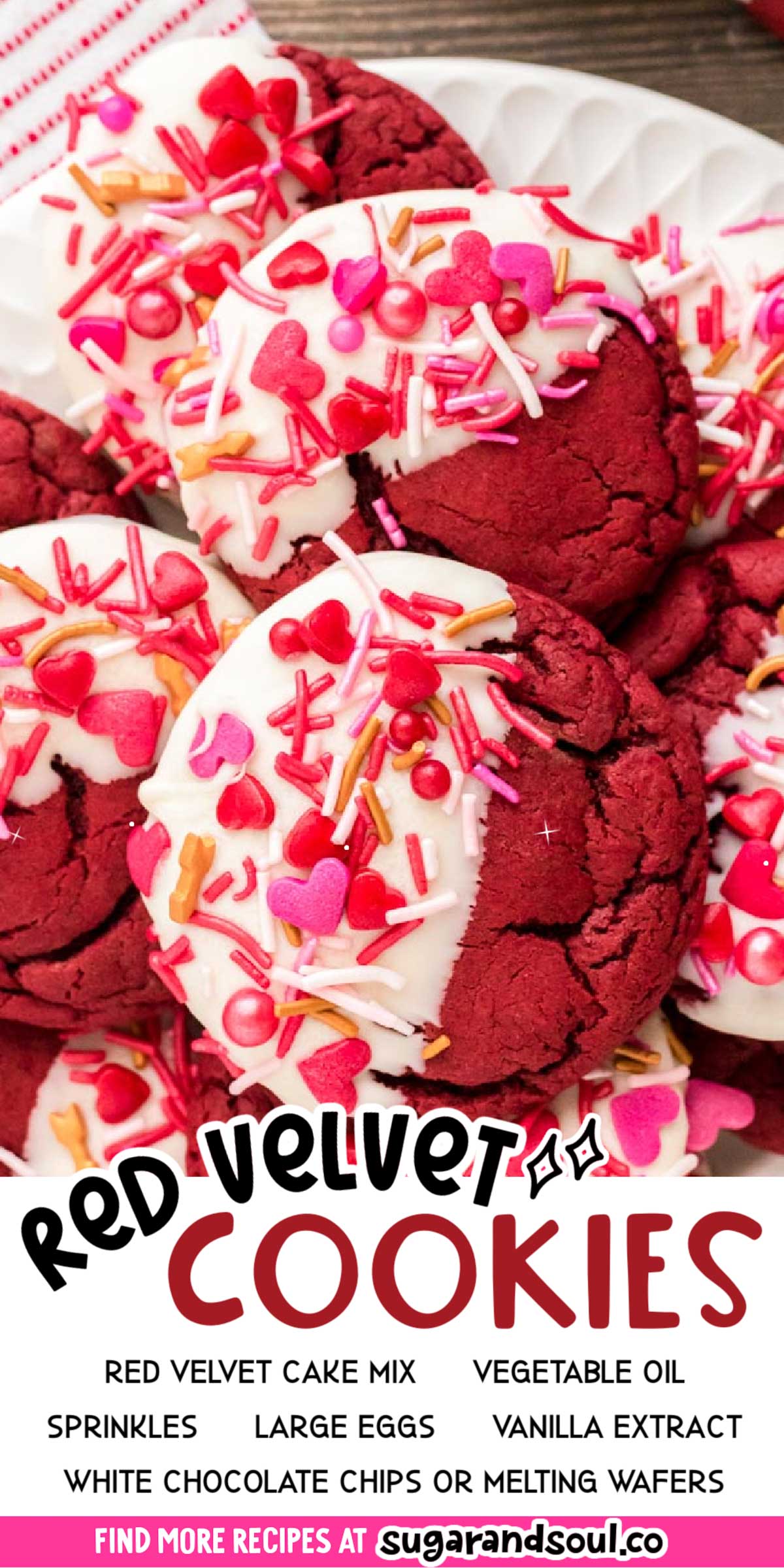 Valentine's Day Red Velvet Cookies are an easy-to-make dessert with a boxed cake mix base that are decorated with chocolate and sprinkles! Whip up two dozen cookies in under an hour to share with all of your loved ones! via @sugarandsoulco