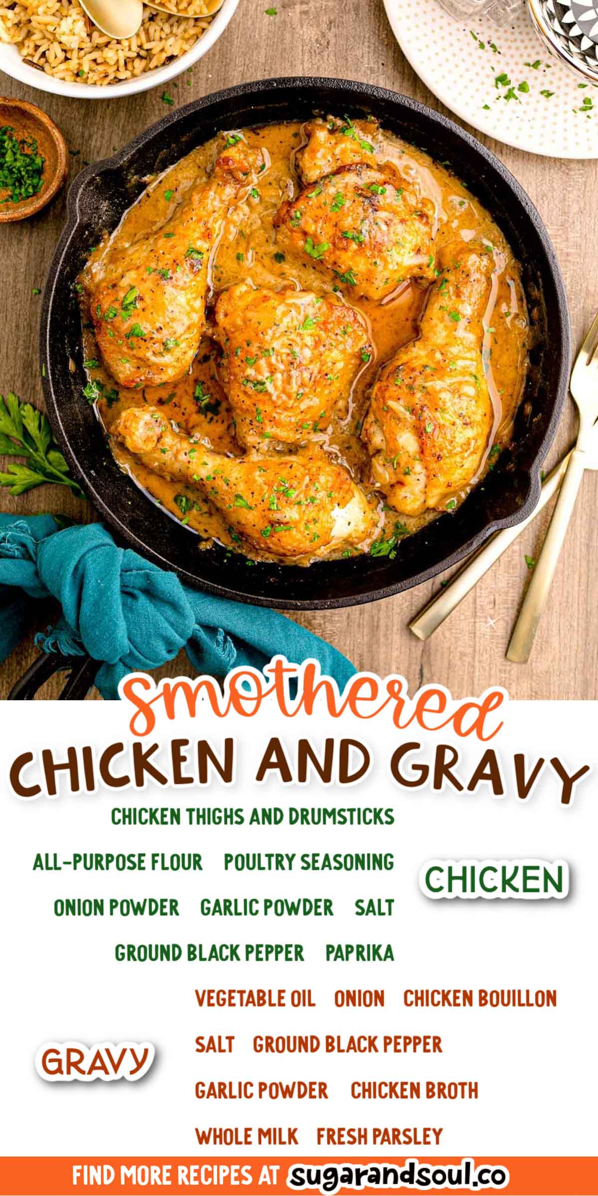 Southern Smothered Chicken and Gravy have tender chicken thighs and drumsticks that have been seasoned and then cooked in gravy with onions! Prep this recipe in just 10 minutes for a flavorful dinner that the whole family will devour! via @sugarandsoulco