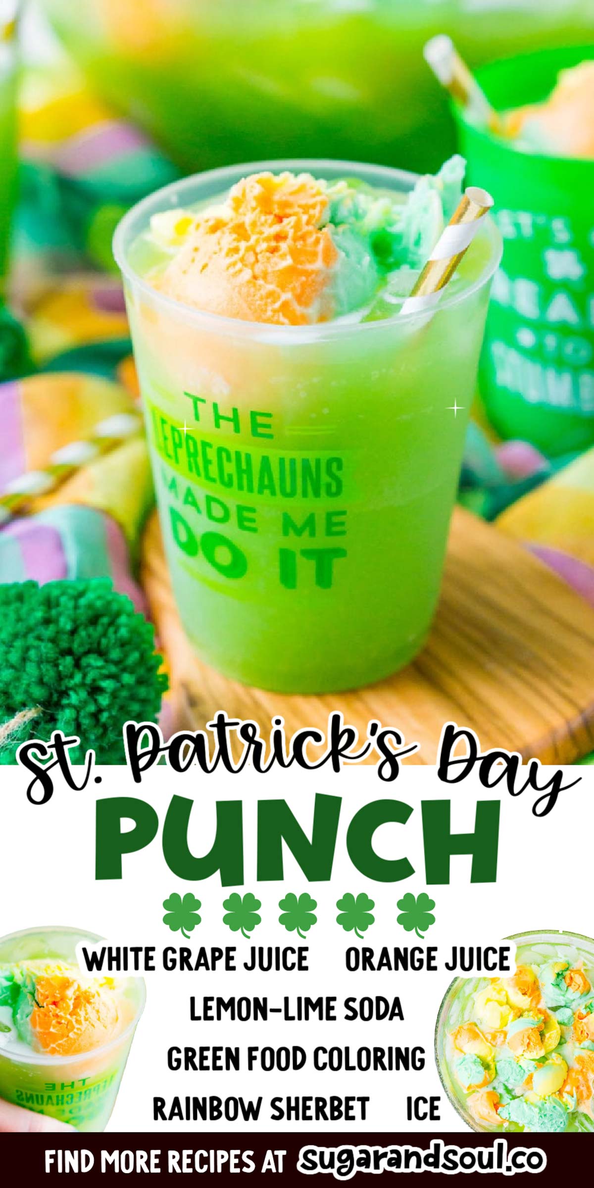 St. Patrick's Day Punch is a quick, easy, and fun green punch recipe made with grape juice, orange juice, lemon-lime soda, and rainbow sherbet! This sweet and fizzy drink recipe is sure to delight any Leprechaun! via @sugarandsoulco