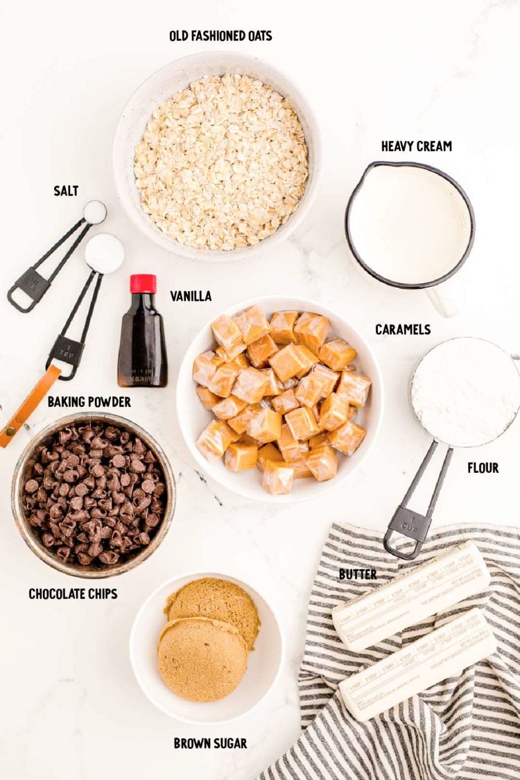 Overhead photo of ingredients to make carmelitas on a marble table.