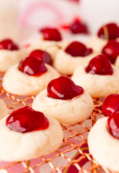 Close up photo of cherry cheesecake cookies.