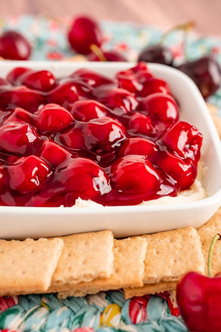 Close up photo of a dish filled with cherry cheesecake dip with graham crackers and fresh cherries around it.