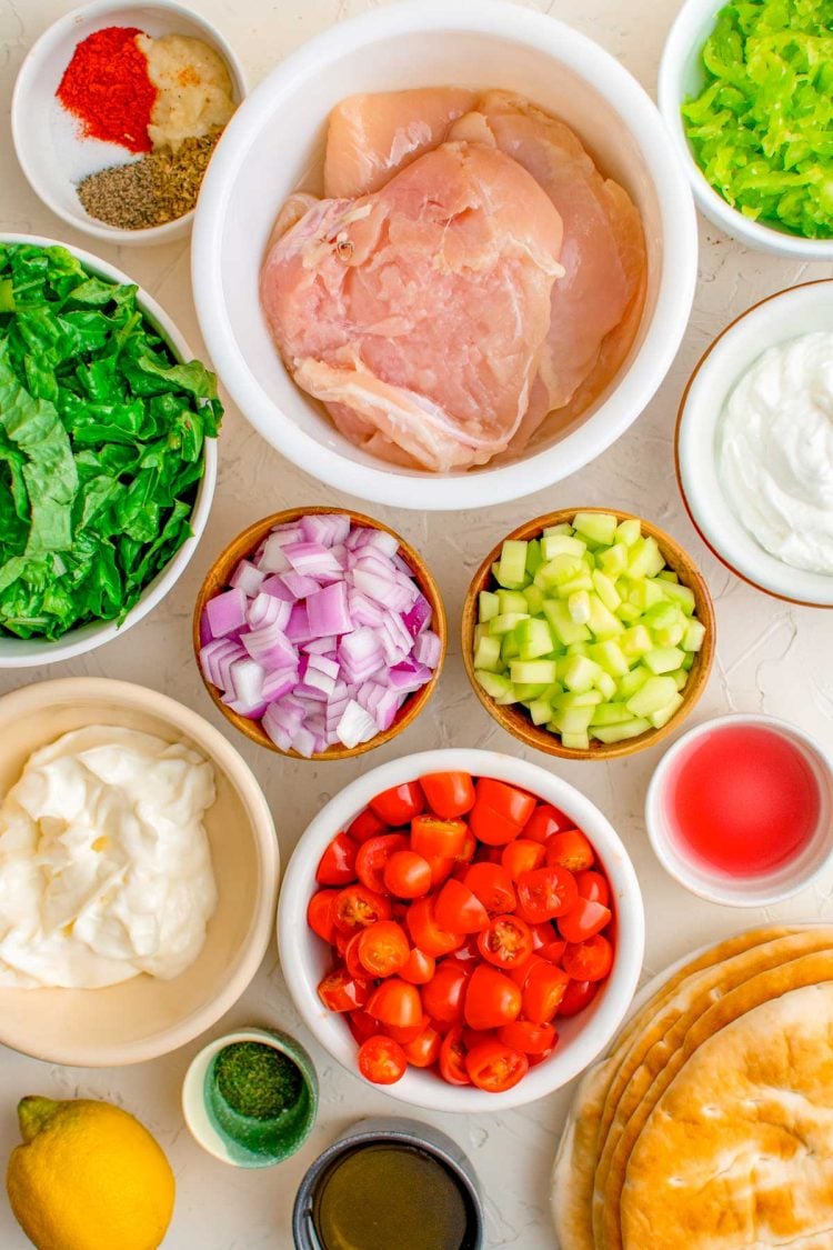 Overhead photo of ingredients prepped to make chicken gyros.