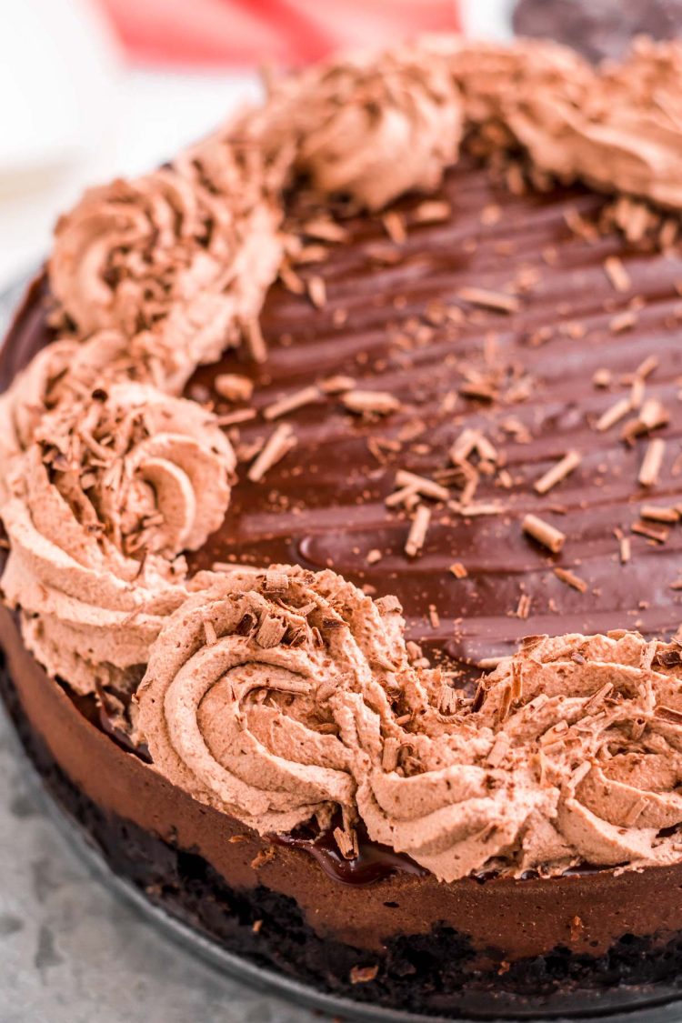 Close up photo of chocolate cheesecake.