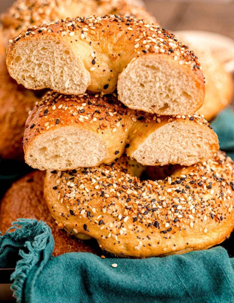 Bagel sliced in half to show texture.