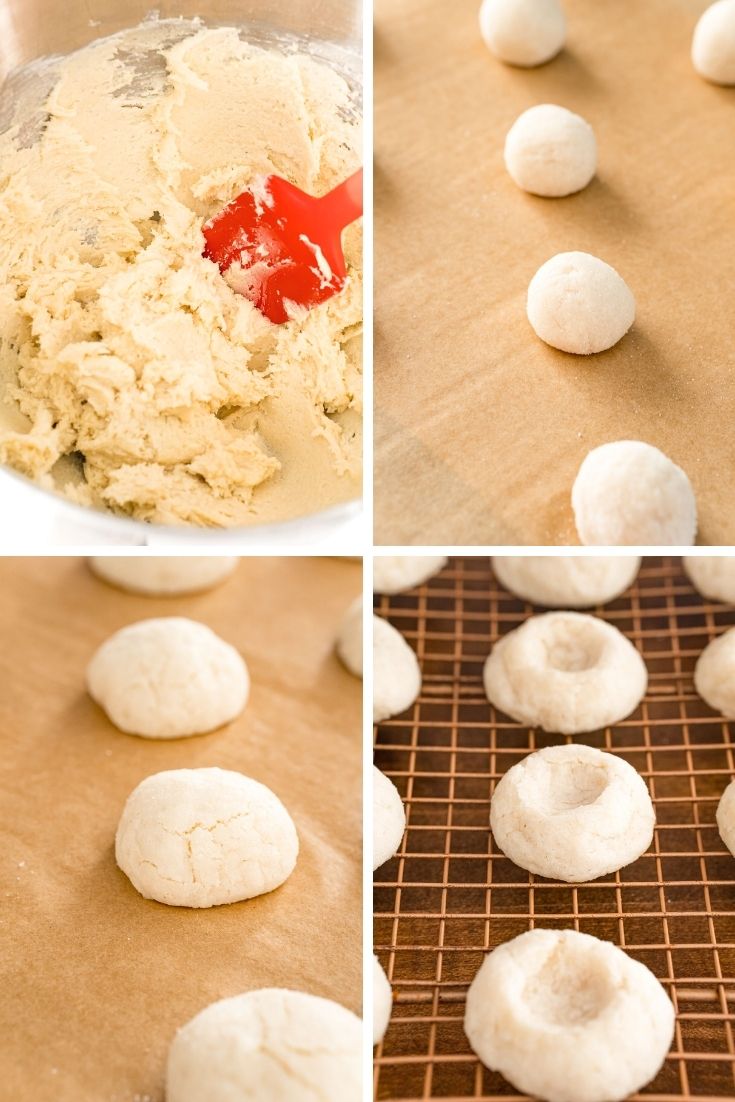 Photo collage showing step by step photos for how to make easy cheesecake cookies.
