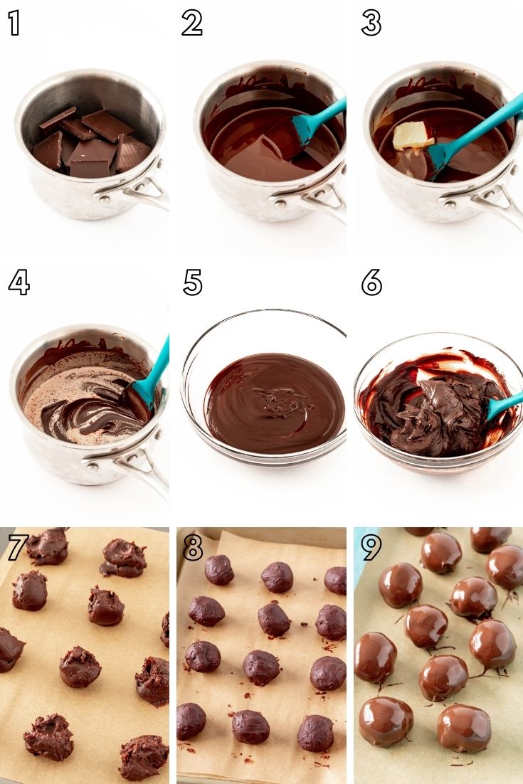 Photo collage showing how to make homemade chocolate truffles step-by-step.