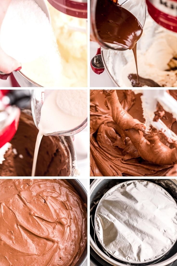 Step-by-step photo collage showing how to make instant pot chocolate cheesecake.