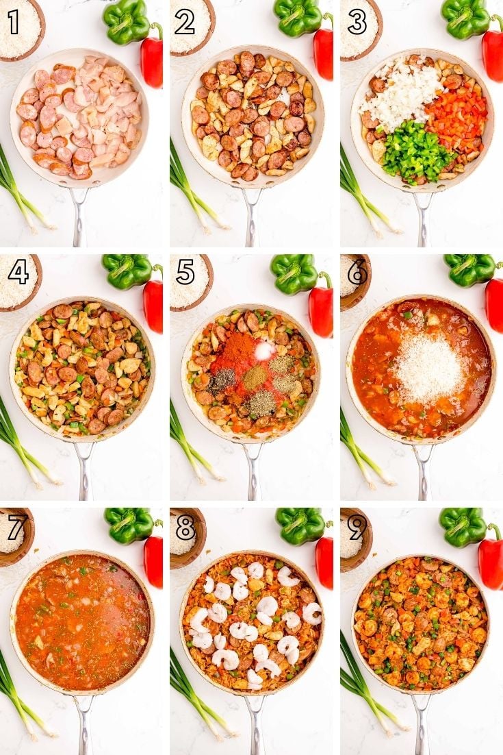 Step-by-step photo collage showing how to make jambalaya.